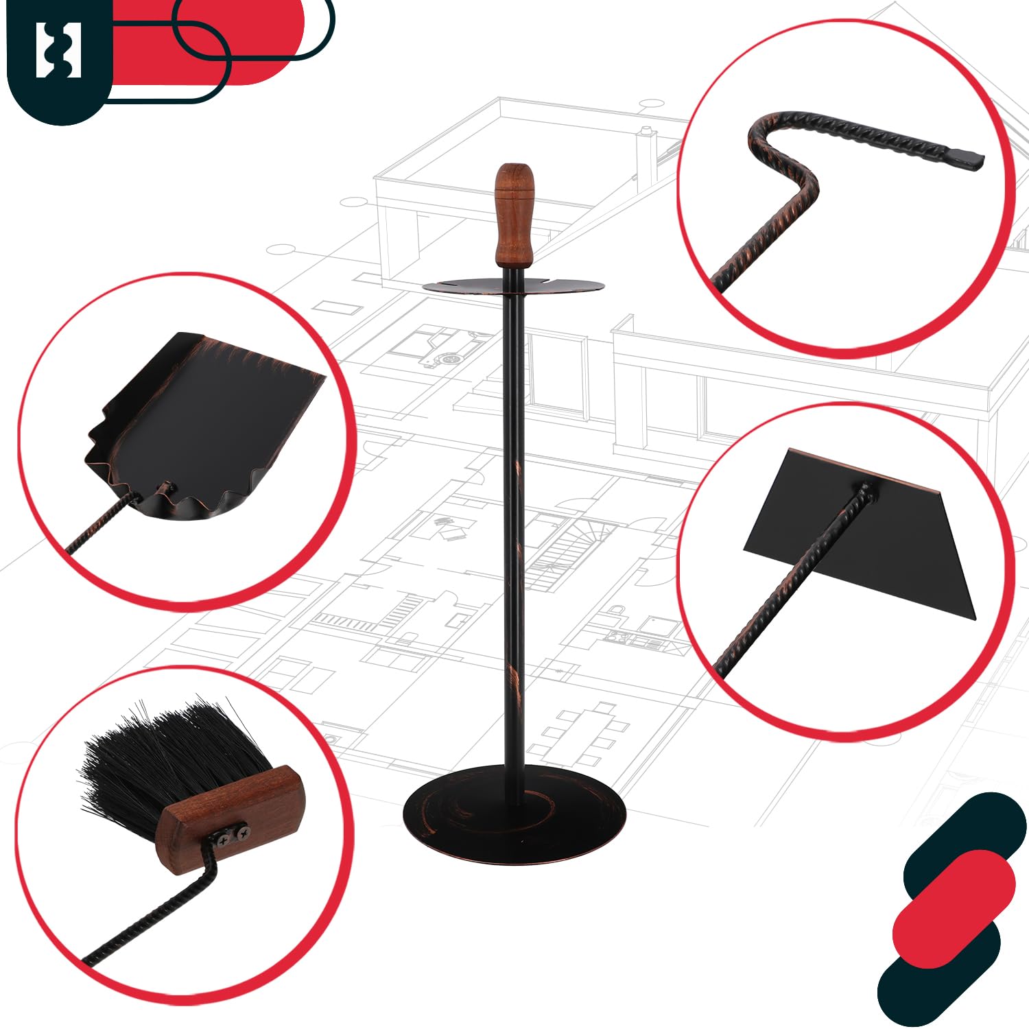 KOTARBAU® Kaminbesteck mit Ständer Set Kaminzubehör Kaminständer Schürhaken Aschekratzer Kohlenschaufel Besen Kamingarnitur Kaminset Ofenbesteck Schwarz