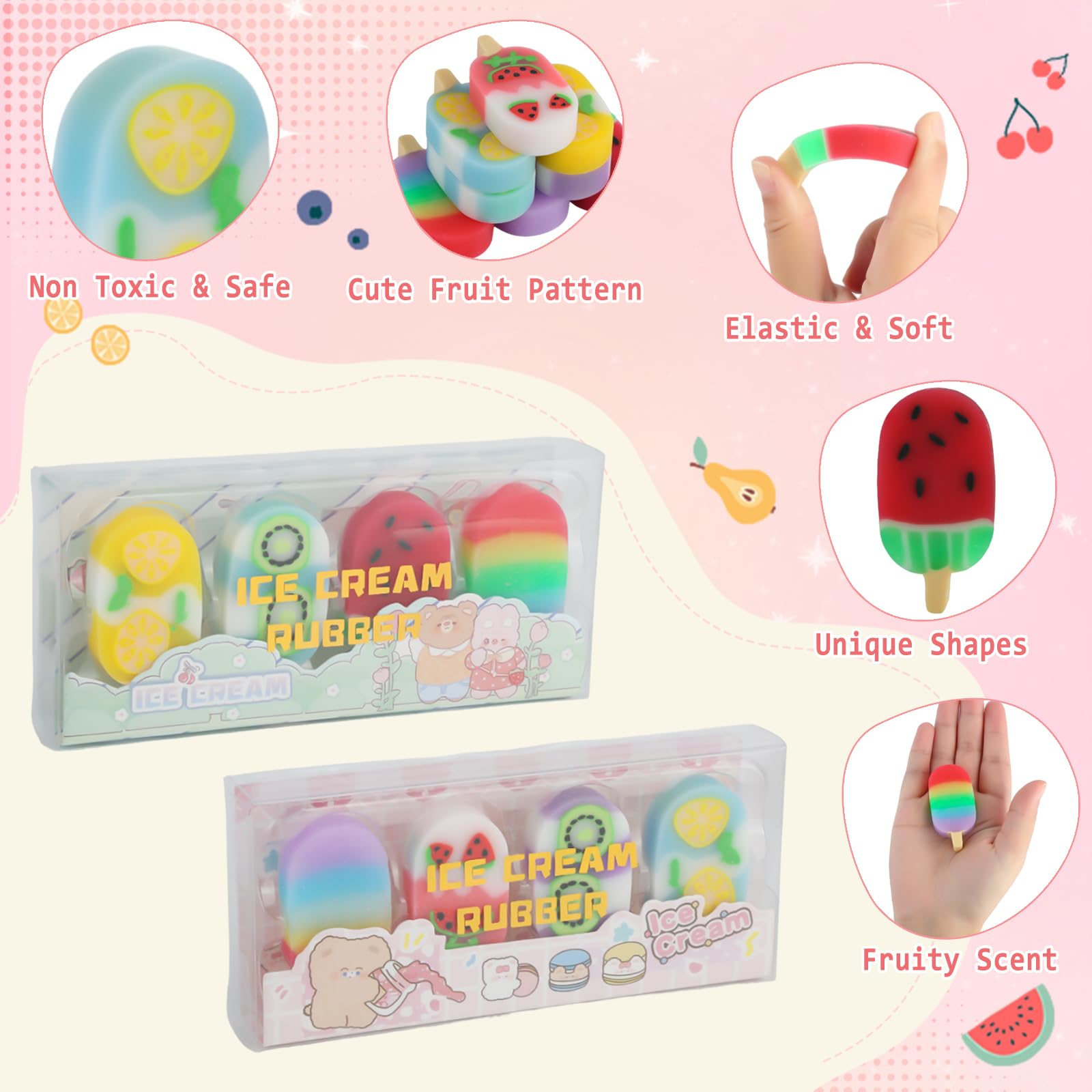 Pack of 8 Children's Erasers, Fruit Flavoured Erasers with Fruit Motif, Cute Erasers with Ice Cream Moulds - Image 3