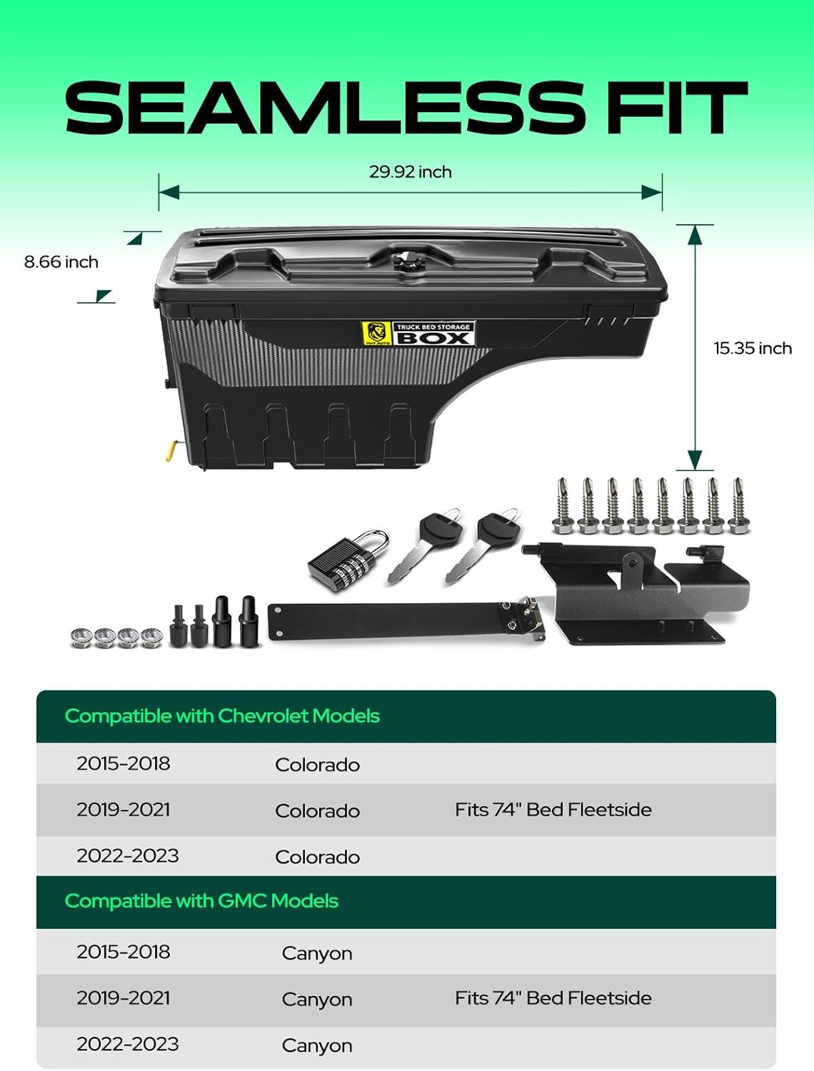 YHTAUTO Driver Side Truck Bed Storage Tool box Compatible with 2015-2023 Chevrolet Colorado & GMC Canyon, 2019-2021 Fits 74" Bed, Lockable Swing Waterproof Wheel Well Toolbox