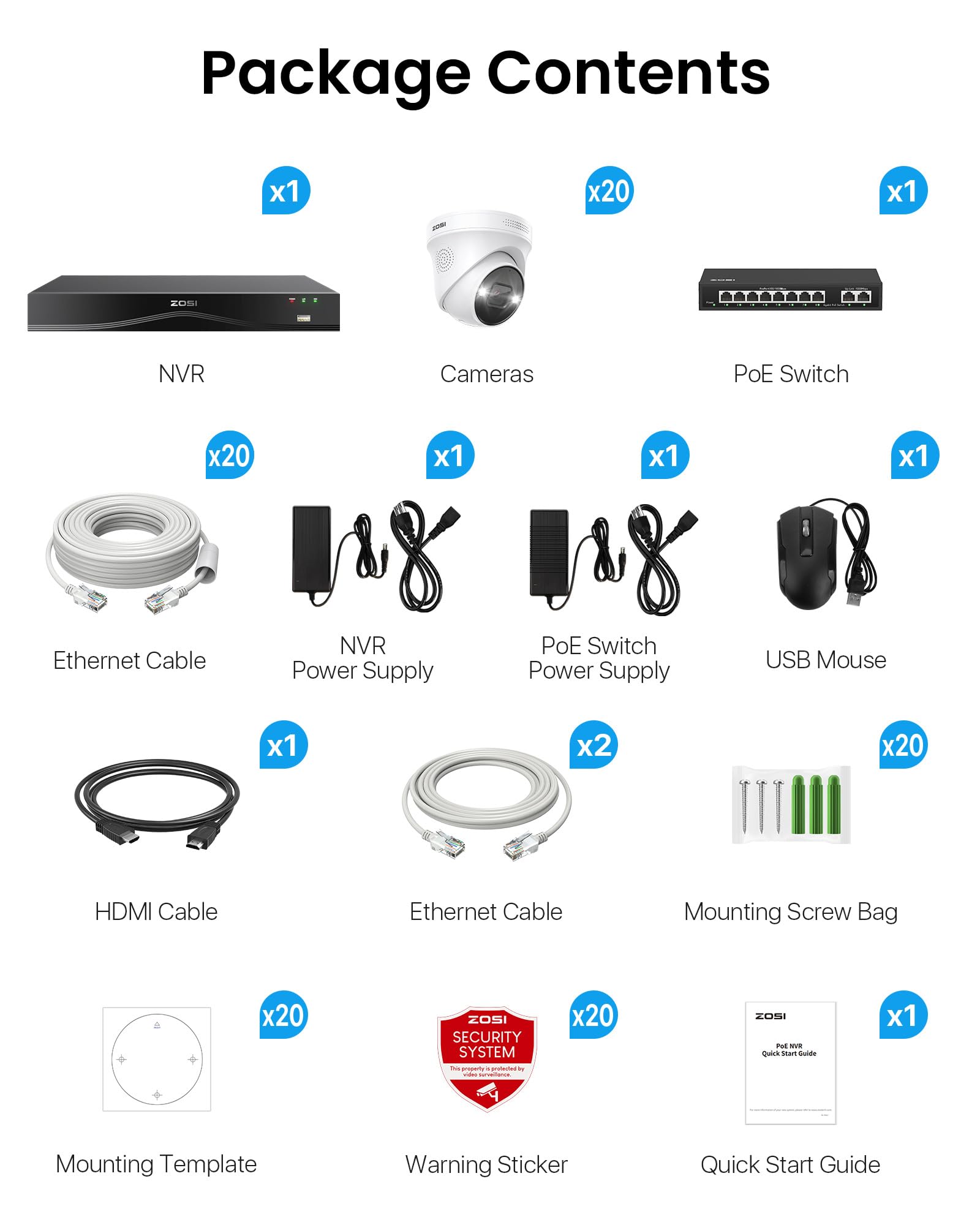 ZOSI 4K Kit Caméra de Surveillance NVR PoE Extensible à 32CH 4TB HDD, 20pcs 8MP Caméra Extérieure et 8 Ports PoE Switch Commutateur, Détection de Personne/Véhicule, Audio Bidirectionnelle