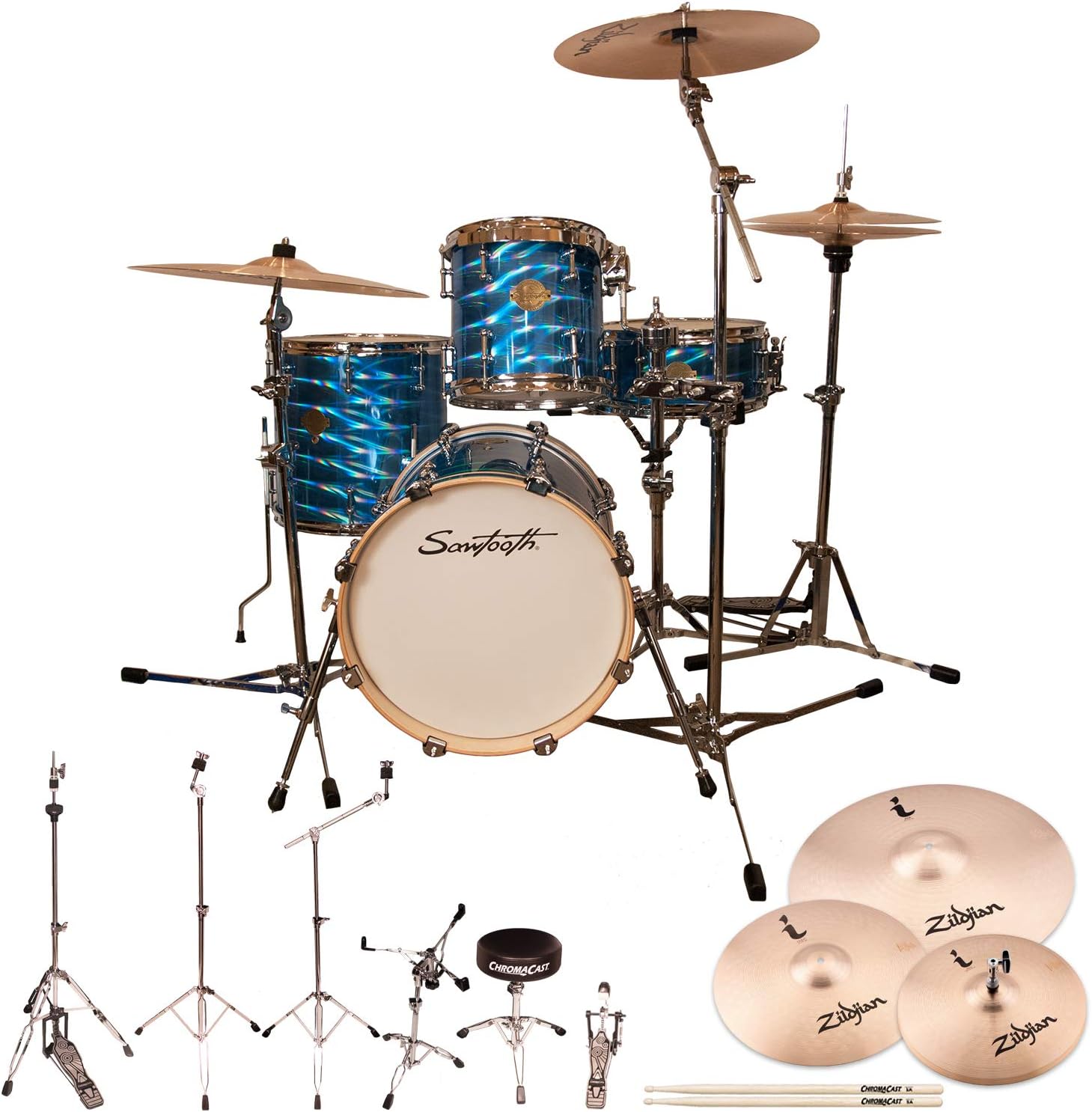 Sawtooth Command Series 4-Piece Set with 16" Bass Drum, ChromaCast Hardware & Zildjian I Family Cymbals, Blue Mirror Metallic, (ST-COM-4PC-16-BMM-ZBT)
