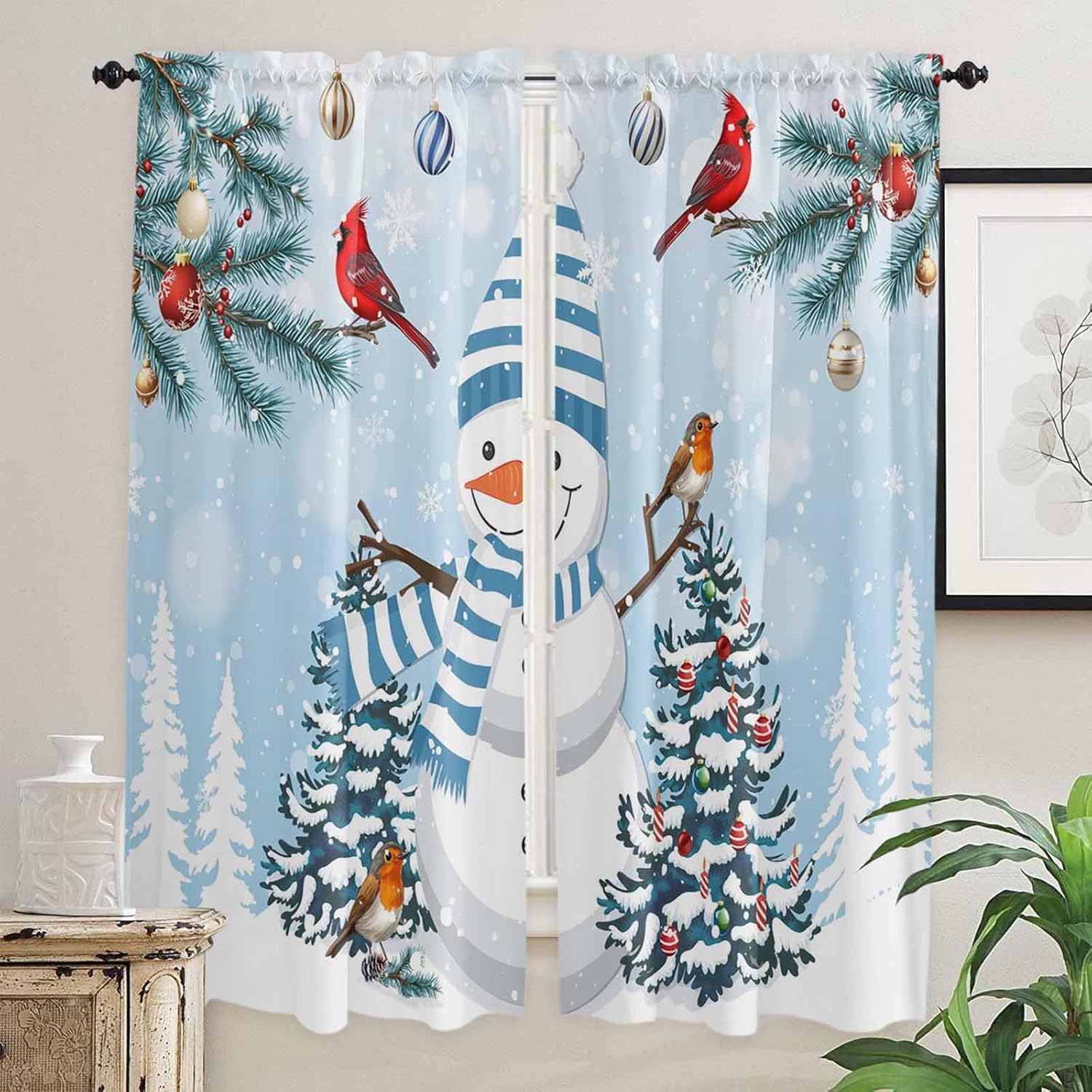 Blue Snowman Christmas Window Curtains 72 Inch Long 2 Panel Set, Rod Pocket Long Curtains & Drapes, Xmas Tree Snowflake Balls Light Filtering Window Treatment for Bedroom Living Room 52"W x 72"L