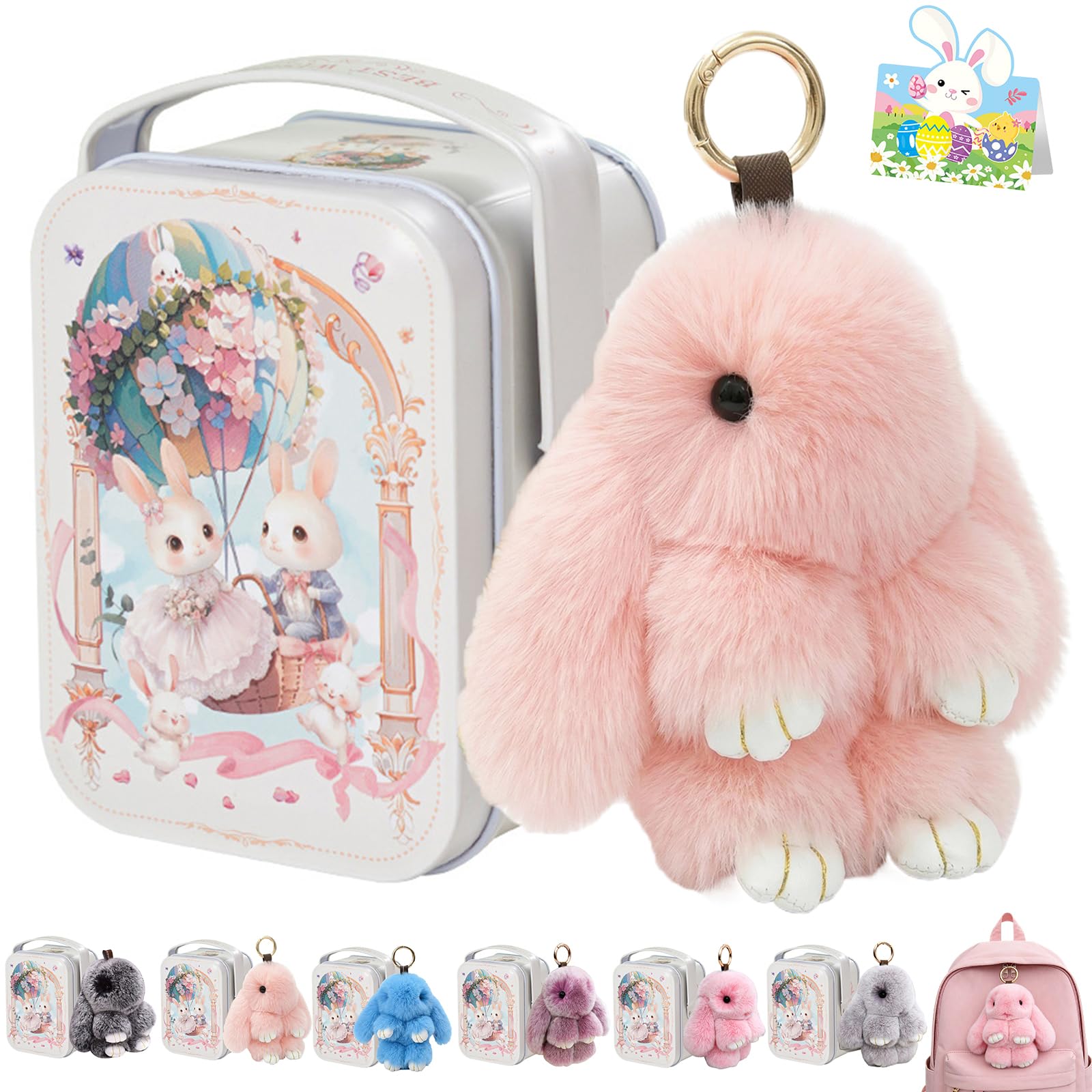 Bunny Lulu Keychain With Tin Box, Bunny Keychain Charm Bao Rabbit Pompom For Bags, Easter Girls Women Gift — view 7