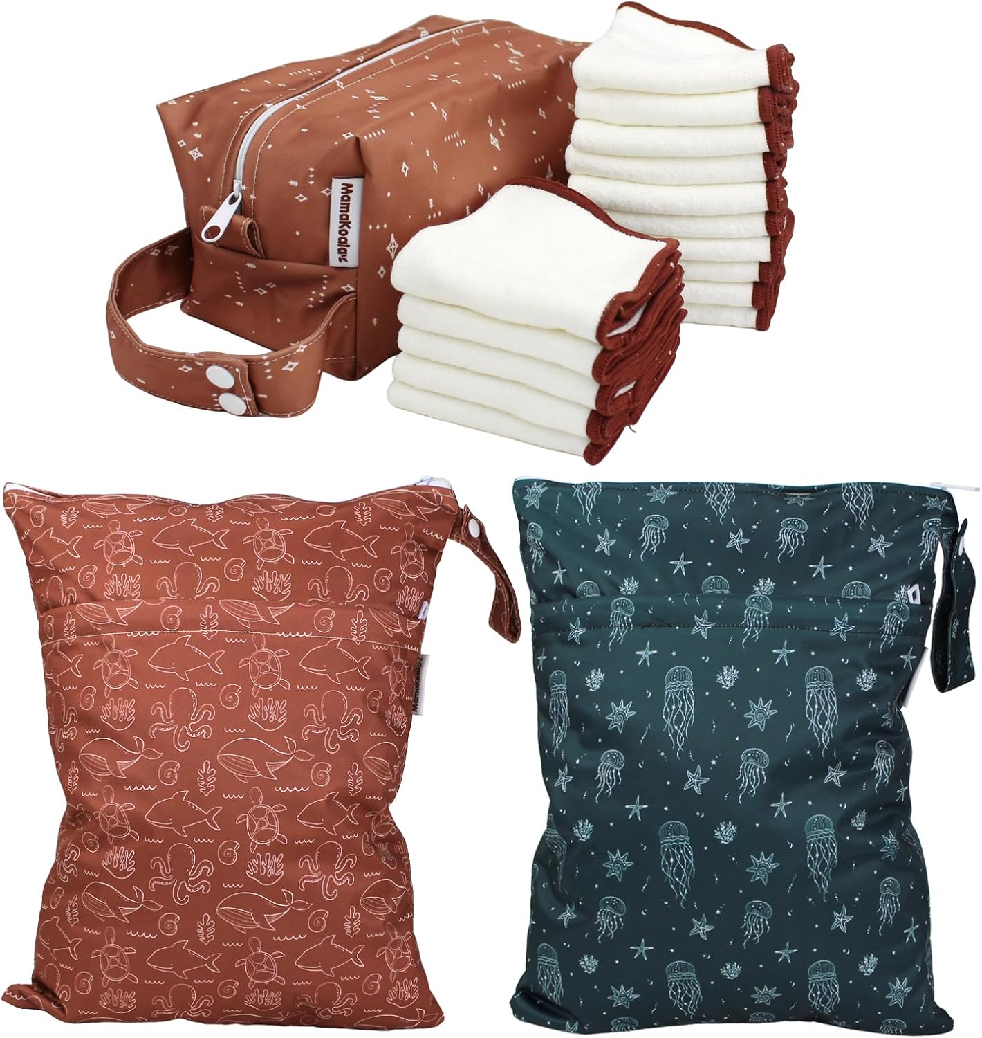 Mama Koala 2 Pack Waterproof Wet Dry Bags,with 15 Pack Washable cloth diaper wipes & 1ps of Waterproof pod