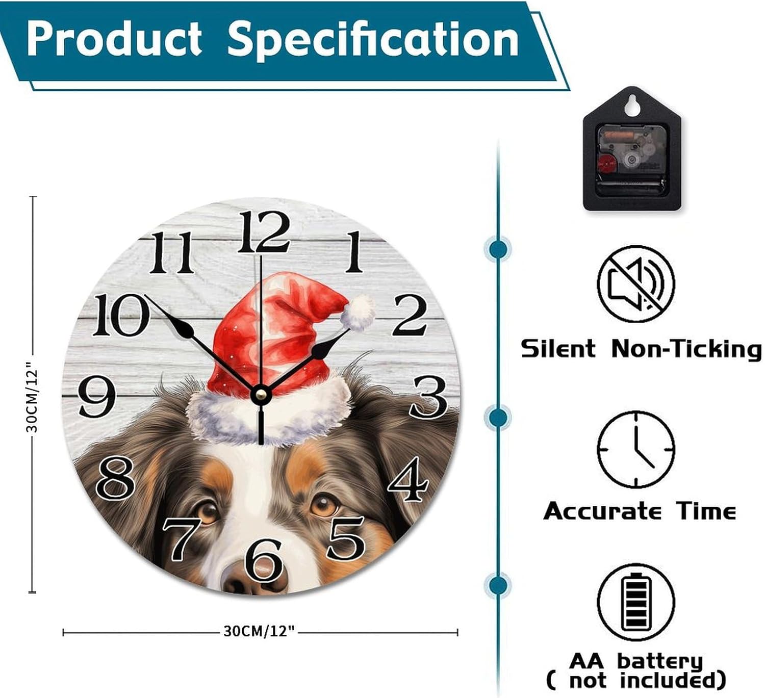 Round Puppy Wooden Clock 12in Christmas Hat Peeking Dog Miniature American Shepherd Silent Non-Ticking Wood Wall Clock for Classroom Nursery Cafe Bar Pub Home Decor
