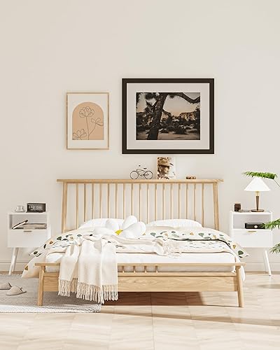 Miniatura 7 de Mesita de noche, moderna mesita de noche con cajón de almacenamiento y estante de madera abierta, mesita de noche decorativa con patas de madera