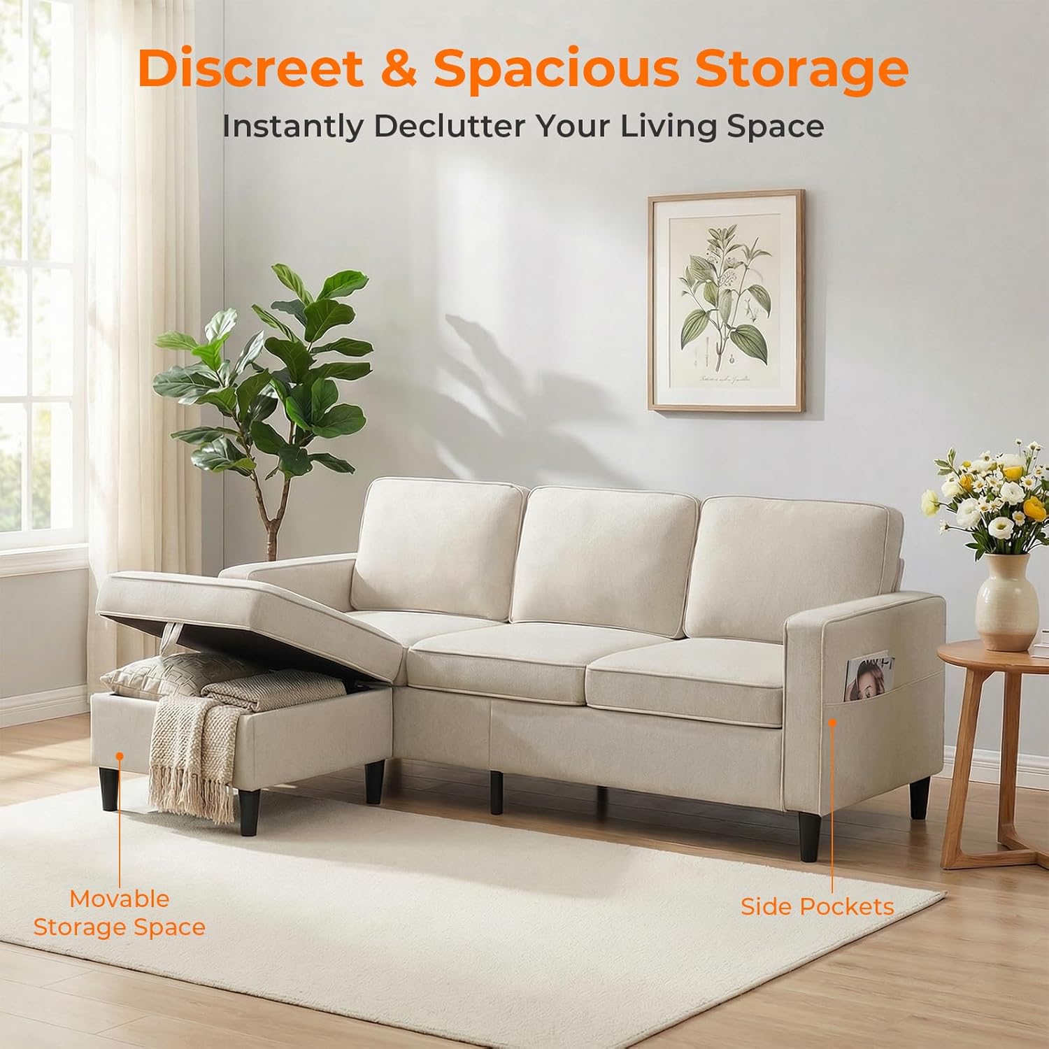 ijuicy 2PCS Sectional Sofa Set w/Ottoman,Modern Linen 5 Seater Couch Set with Movable Storage Ottoman & Side Pockets,3 Seat L Shaped Couch and Loveseat Living Room Furniture Sets (3+2 /Beige)