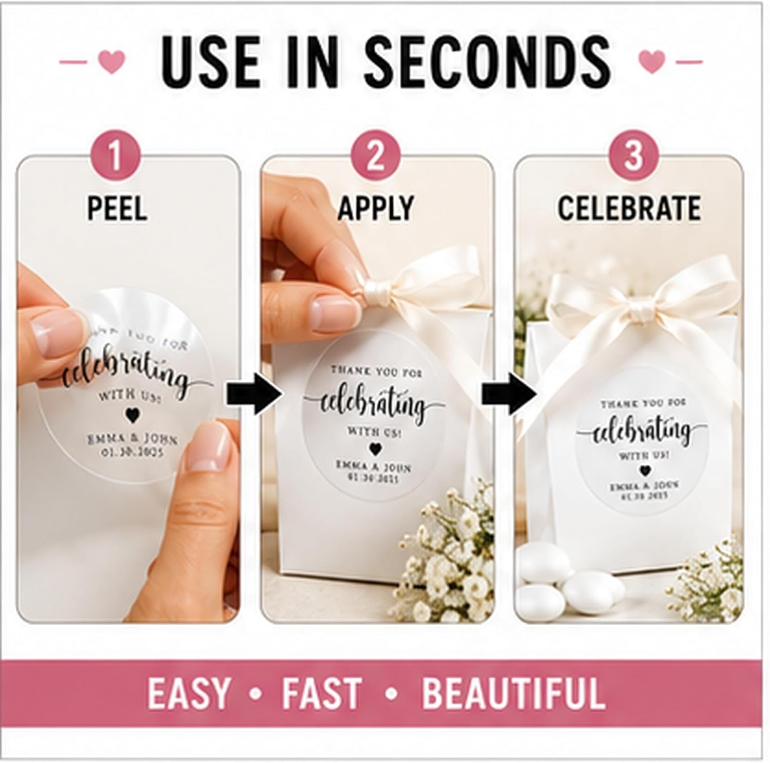 Andaz Press 2" Round Clear Personalized Wedding Sticker Labels Custom Script Thank You For Celebrating With Us Sticker, Vinyl Personalized Stickers For Wedding Favors, Thank You Stickers, Bulk 40-Pack
