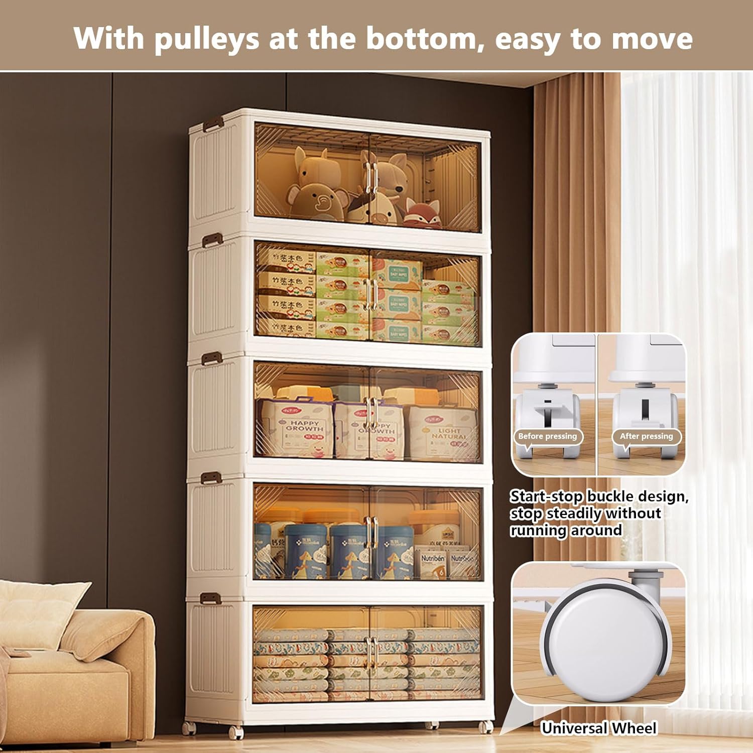 AIZYR Storage Bins Organizer Stackable Collapsible Storage Bins with Wheels, Folding Storage Boxes Plastic Closet Organizers Storage Containers,5 Tier 55x33x146cm