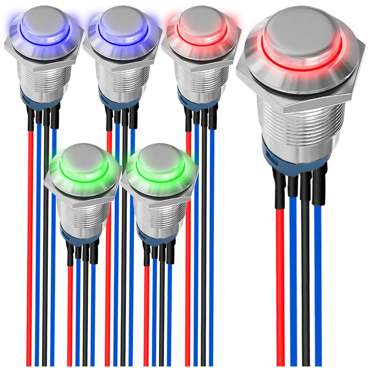 6 szt. 12 mm chwilowy przycisk LED czerwony/niebieski/zielony ze srebrną obudową DC 12 V 3 A 4-pinowy 1NO SPST IP65, wodoszczelny, okrągły metalowy przełącznik, przycisk ze stali nierdzewnej