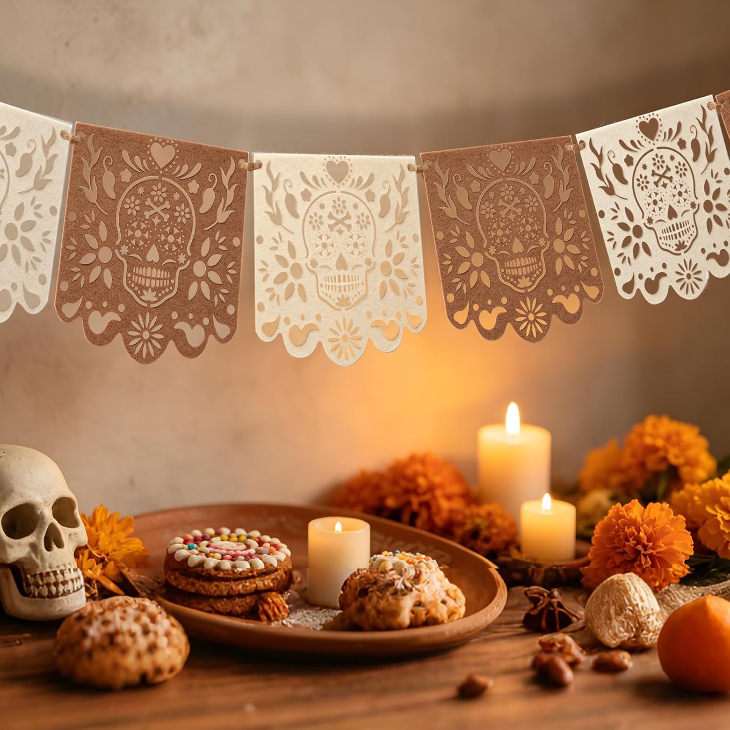 Dia De Los Muertos Decorations 4 Pcs Felt White Brown Papel Picado 40 Feet