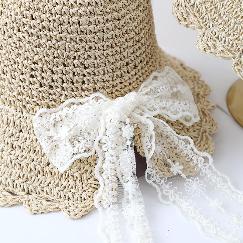 Gorra de Sol para Mujer,Gorra de Paja de Verano con Lazo de Encaje,Ajustable,Plegable,de ala Ancha,Flexible,Ahuecada,para Playa,para Caminar,Pescar y Viajar