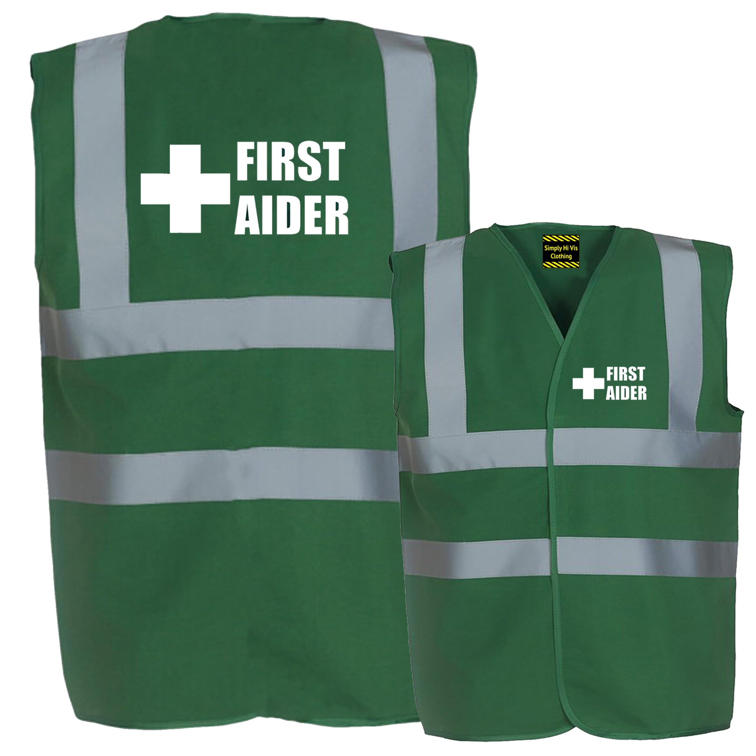 Hi Vis Para Medic Green First Aider Hi Vis Safety Vest High Viz Waistcoat Printed First Aid Cross Supplied by Simply Hi Vis Clothing UK.