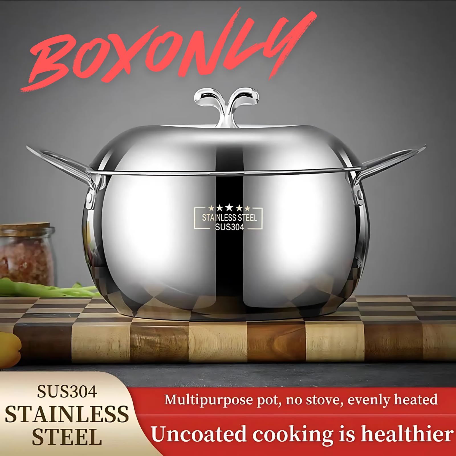 Boxonly 24cm(9.5") Stainless Steel Stock Pot with Steel Lid, Silver, 4 Litres - Image 2