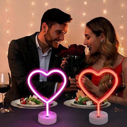 Miniatura 5 de BRIGHTDECK Paquete de 2 letreros de neón de corazón, letrero de neón LED de corazón rosa, funciona con pilas o USB, luces de neón decoración de