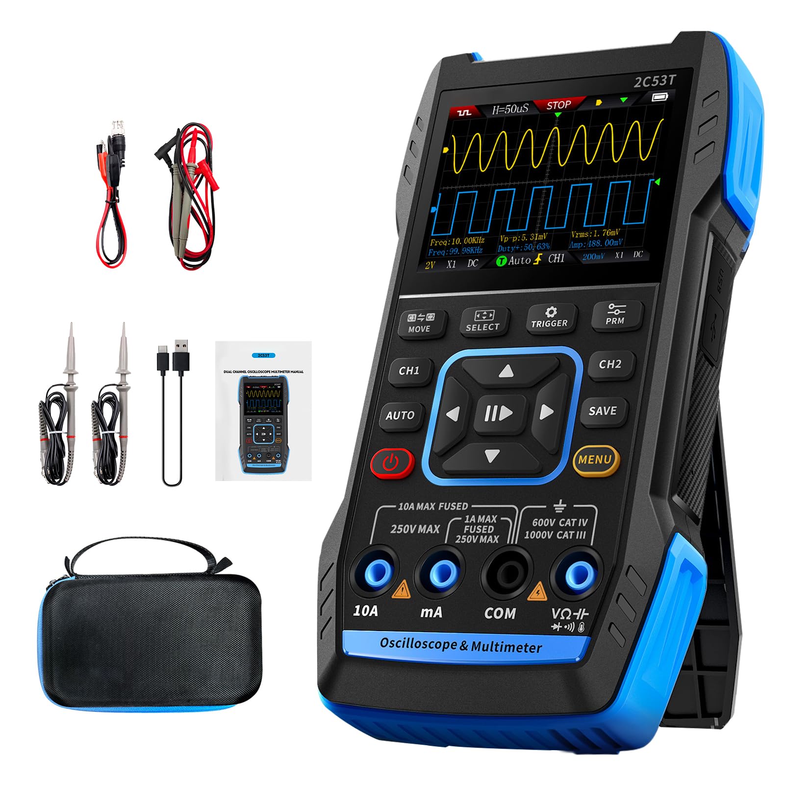Oszilloskop Multimeter,3-In-1 Digital Oszilloskop Signal Generator, 2-kanal Zweikanal 50mhz Bandbreite, Multimeter Mit Oszilloskop Mit 250ms/S Abtastrate, 19999 ZäHlungen