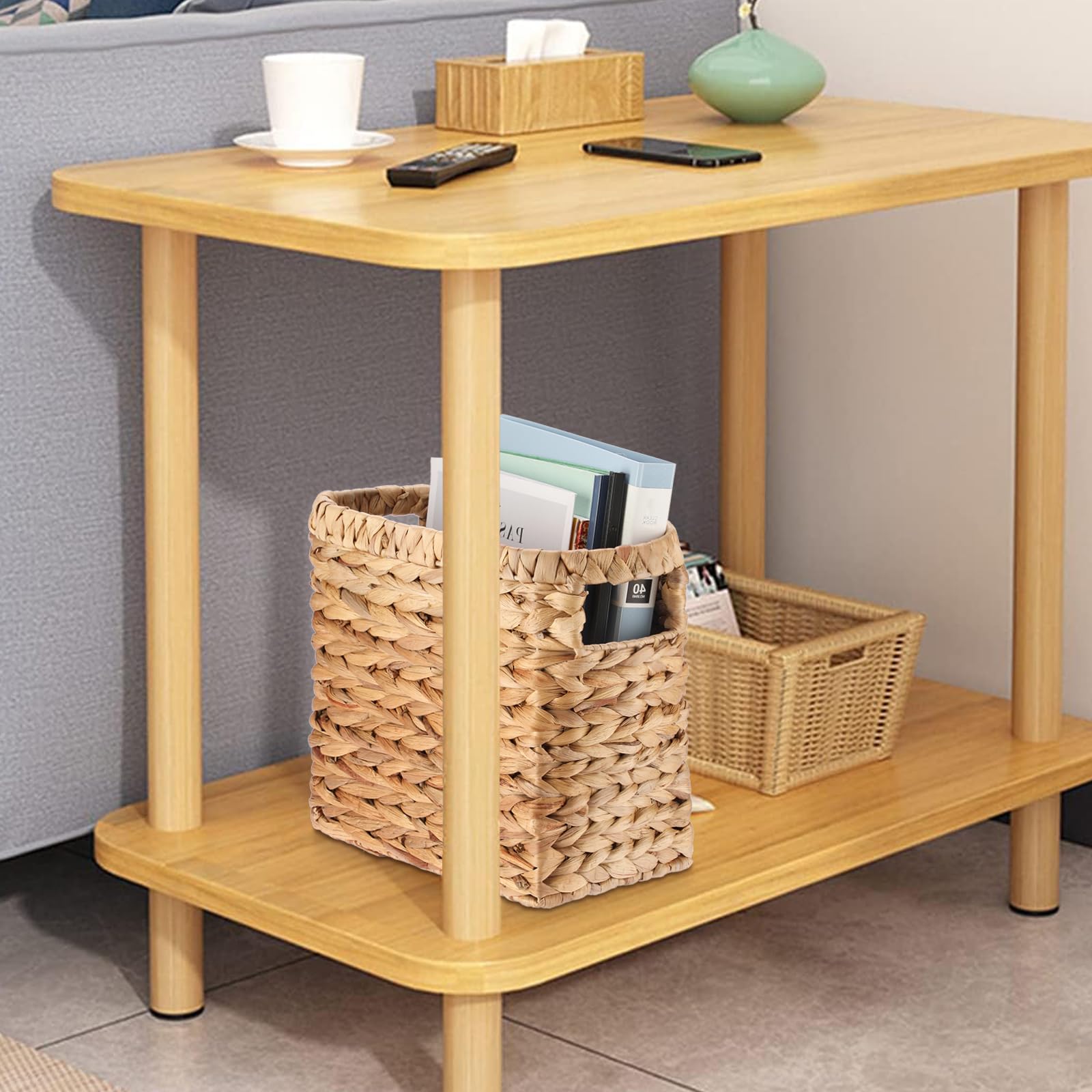 BSTKEY Panier de rangement étroit en jacinthe d'eau naturelle, porte-revues, organiseur de journaux, magazines, documents avec poignées pour la maison et le bureau