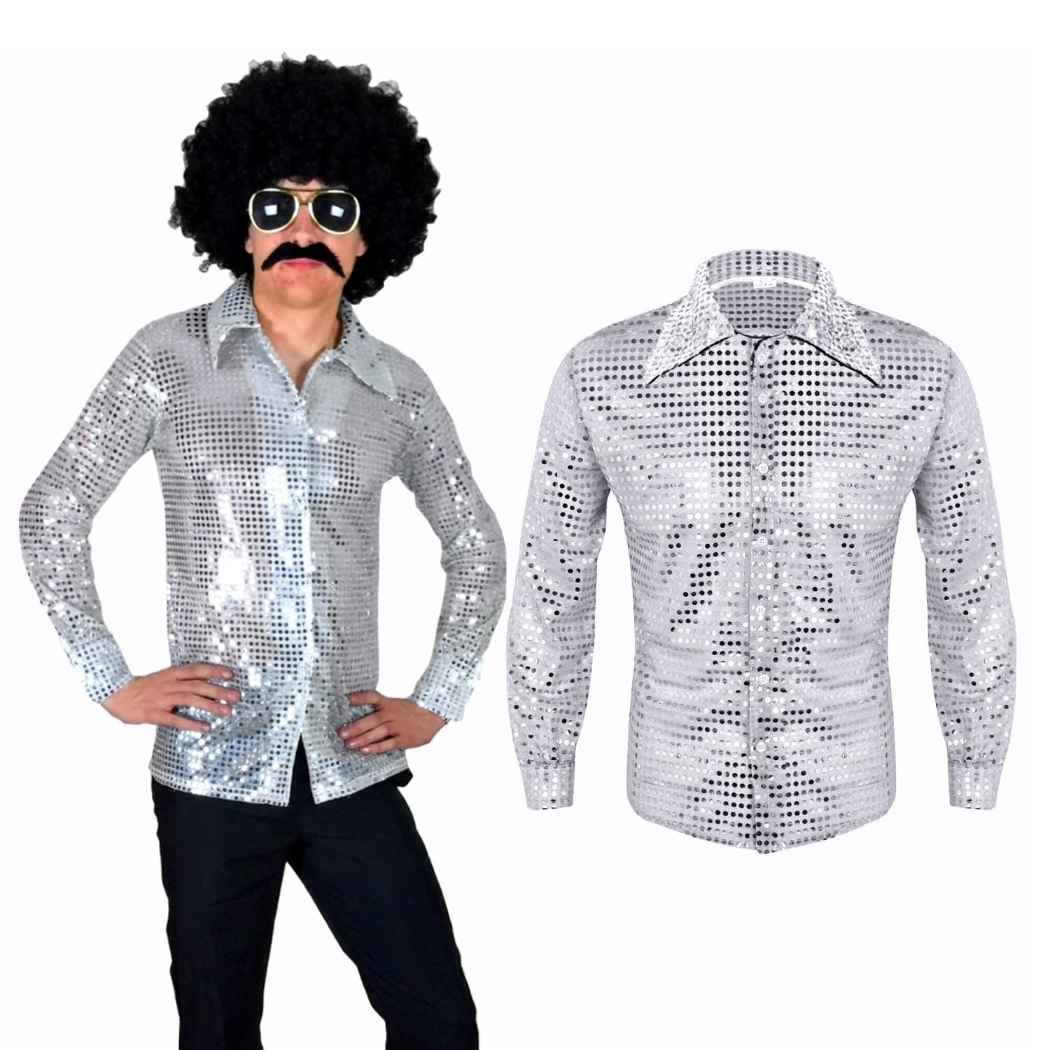 SoWest Men’s 70s Disco Sequin Shirt – Shiny Silver Button Down Long Sleeve Top | 80s Dance Party Fancy Dress for Men | Halloween Retro Rock Costume for Adults Themed Nights - XL