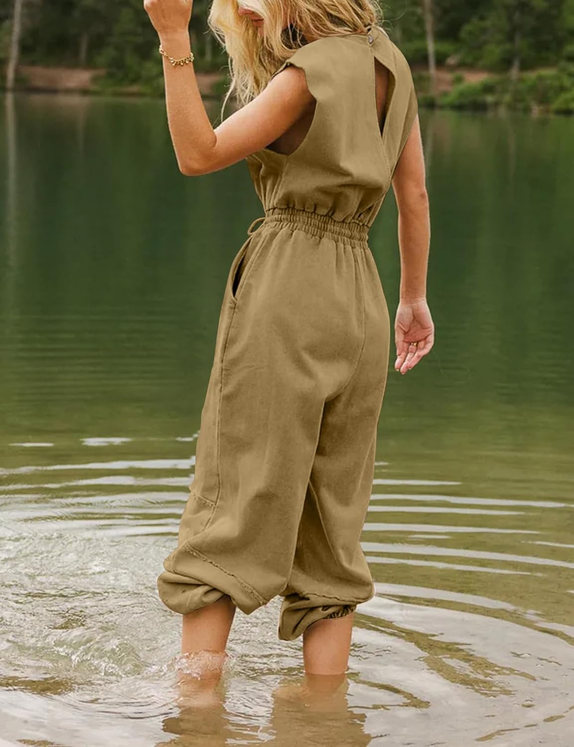 Kissonic Jumpsuits for Women Casual Crewneck Cap Sleeve Drawstring Romper One Piece Outfits with Pockets - Image 5