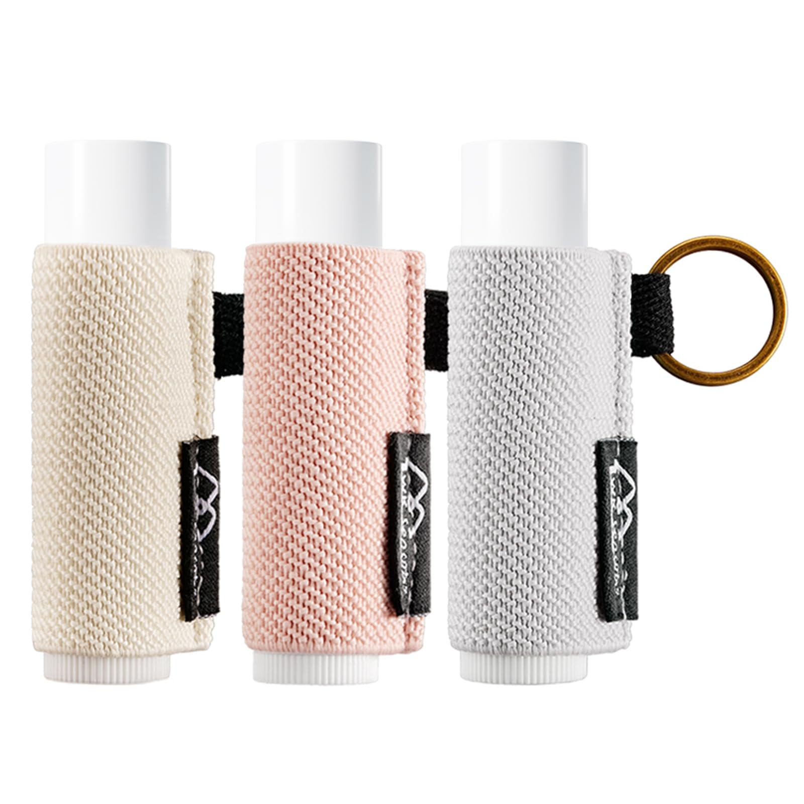 Lip Balm Holder Keychain Clip On Lipstick/Chapstick Sleeve, Tight-Knit and Elastic (Pink/Light beige/Grey)