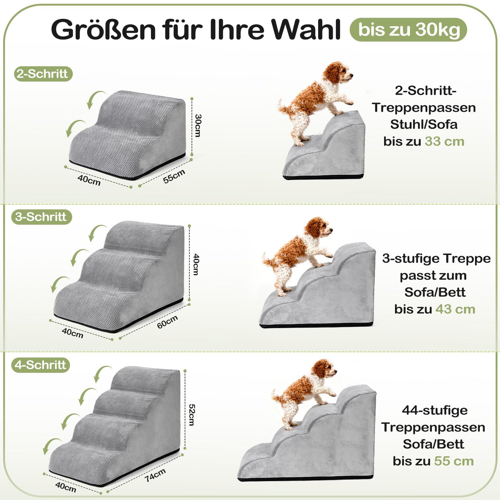Hundetreppe für Kleine Hunde 40cm, 30D Hochdichter Schwamm Hundetreppe, Haustiertreppe für Bett Sofa mit Waschbarem Bezug und Rutschfestem Boden, 40x60x40cm, 3 Stufen, Grau