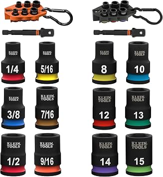Klein Tools 80206 Grab-And-Go Impact Socket Sets, SAE and Metric, 14-Piece Set with Sleeves, Carabiners, 3/8-Inch Drive, Color-Coded, 1/4-Inch to 9/16-Inch, 8 mm to 15 mm Sockets