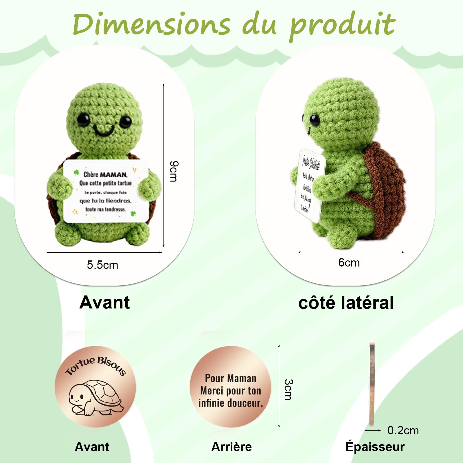 Set Cadeau Maman : Tortue Poupée Positive en Crochet avec Porte Clef Câlin de Poche, Tortue Peluche Positive en Français, Cadeau Mère Original pour Anniversaire, Fête des Mères (Mama) - 3