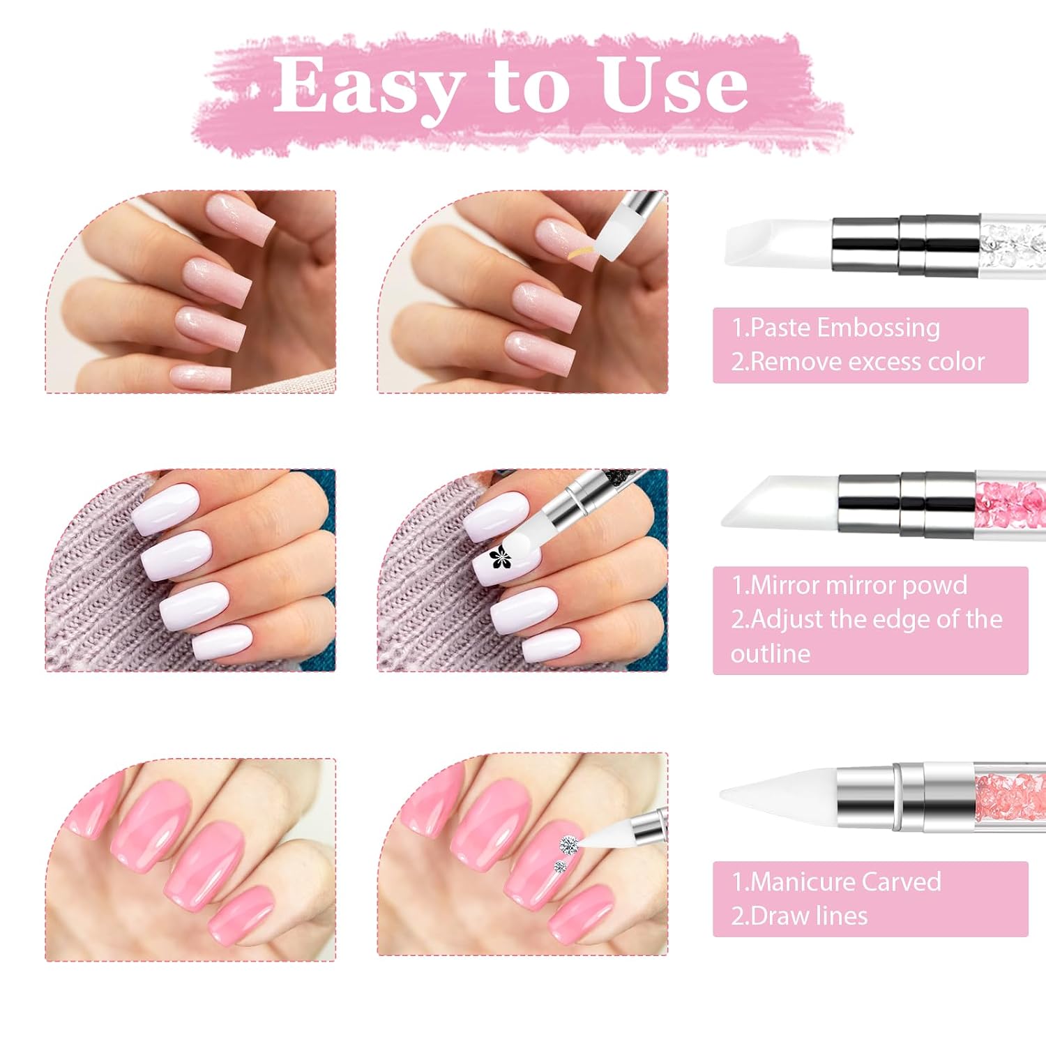 3 Pcs Nail Art Sculpture Pen, Dual Tipped Silicone Nail Tools | Silicone Head Acrylic Handle Nail Art Brushes, Rhinestone Nail Polish Carving Pen, Nail Art Tools for Home Salon