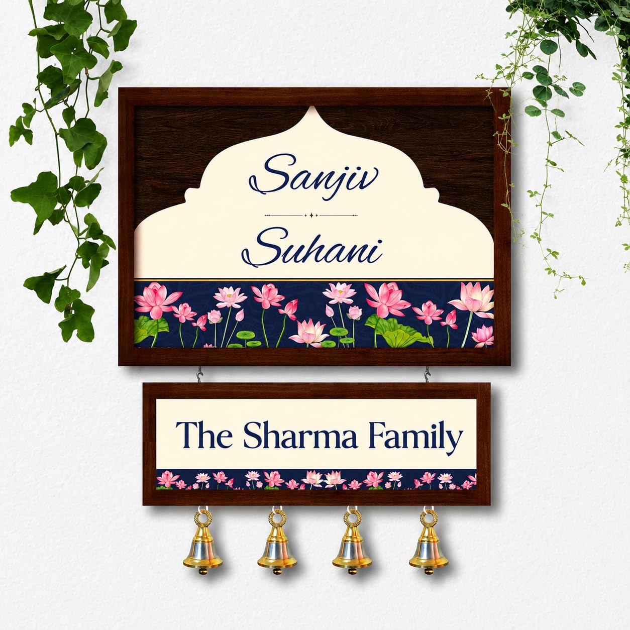 Customised Name Plate for Home Entrance | Wooden Door Name Plate with Brass color Bell & Matte Finish for Home Decor | Personalized with Name & Apartment Number | Two layer Name plate | 10x14 inch | Housewarming Gift (TEAK BROWN)-image-49