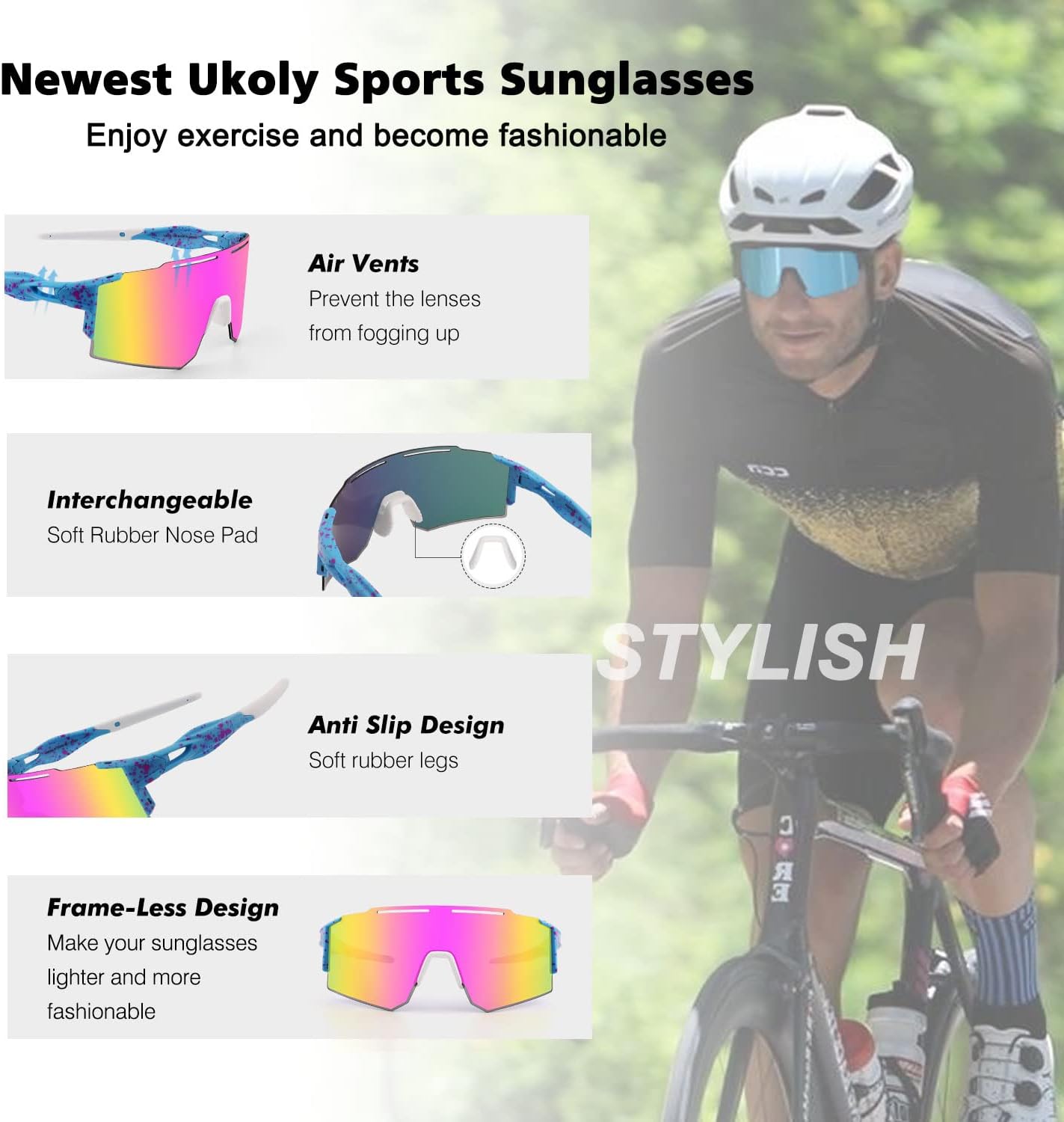 Ukoly Cycling Sunglasses for Men Women with 3 Interchangeable Lenses, Polarized Sports Sunglasses, Baseball Sunglasses - Image 5