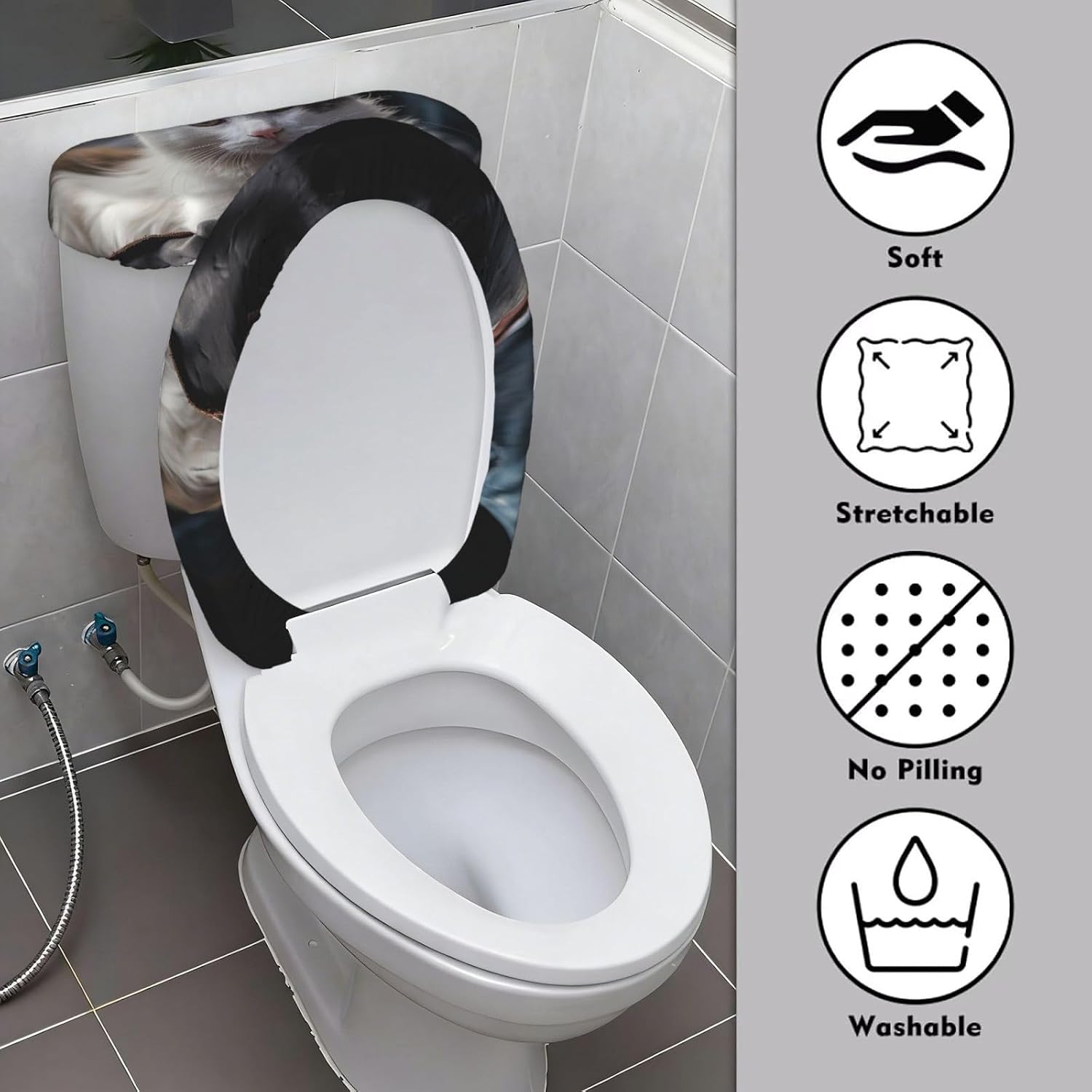 2 Pcs Toilet Lid Cover and Toilet Tank Lid Cover, Washable Toilet Cover with Elastic Bottom Replacement Soft Stretch Toilet Seat Cover Set Cat on Mattress Bathroom Decor image 3