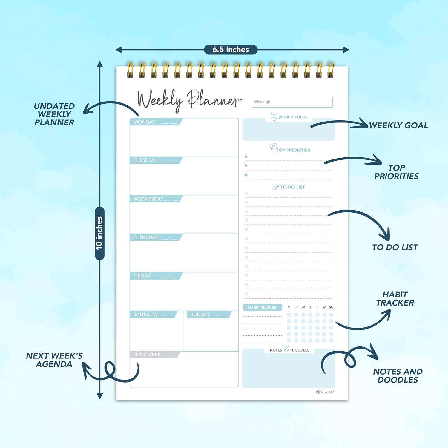 Decorably 52 Sheets Blue Undated Weekly Planner Notepad Small - 6.5x10in Spring-Bound, Easy Tear-Off Design, with Focus, Priorities, to-do List, Habit Tracker, Notes and Doodles - Home, School, Office - Image 3