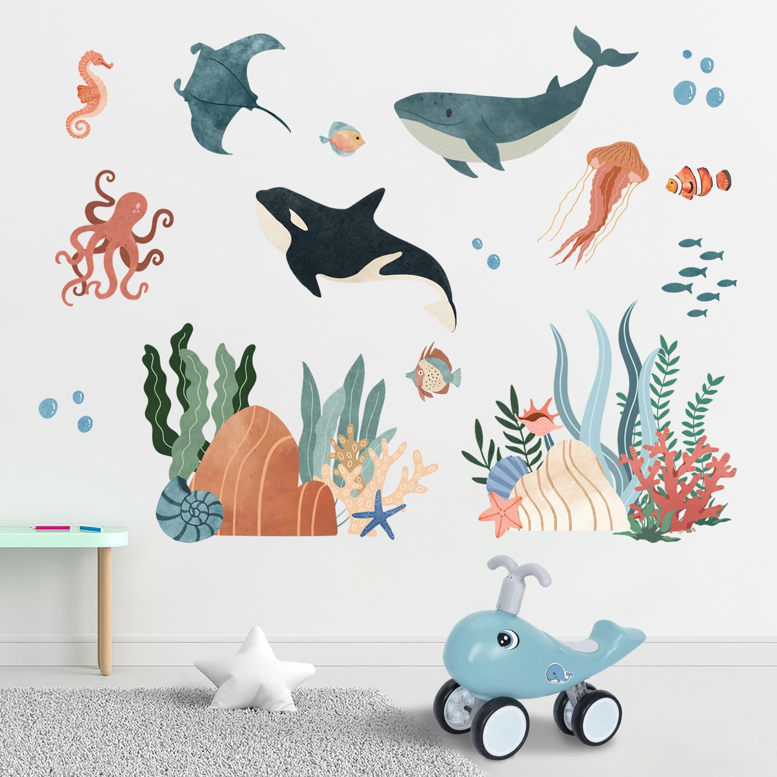 Yovkky Under The Sea Ocean Creature Wall Decals Stickers, Coastal Whale Shark Stingray Octopus Jellyfish Seahorse Baby Nursery Decor, Beach Coral