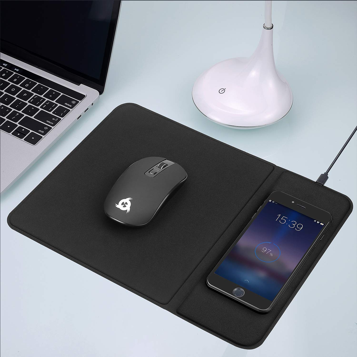 KLIM Inspiration + Makepad – Mouse wireless e tappetino per mouse con caricatore wireless + mouse ergonomico per PC portatile Mac + stazione di ricarica compatibile con iPhone Samsung Huawei LG e