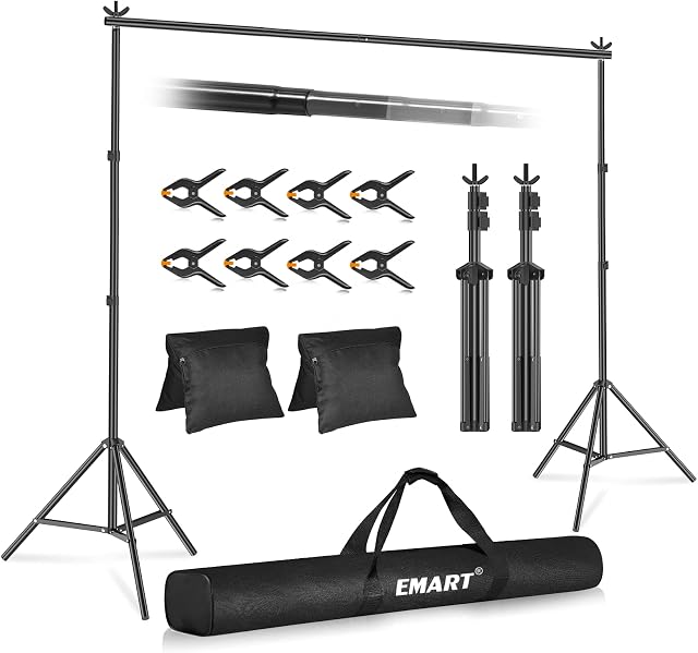 Emart Backdrop Stand 10x7ft(WxH) Photo Studio Adjustable Background Stand Support Kit with 2 Crossbars, 8 Backdrop Clamps, 2 Sandbags and Carrying Bag for Parties Wedding Events Decoration
