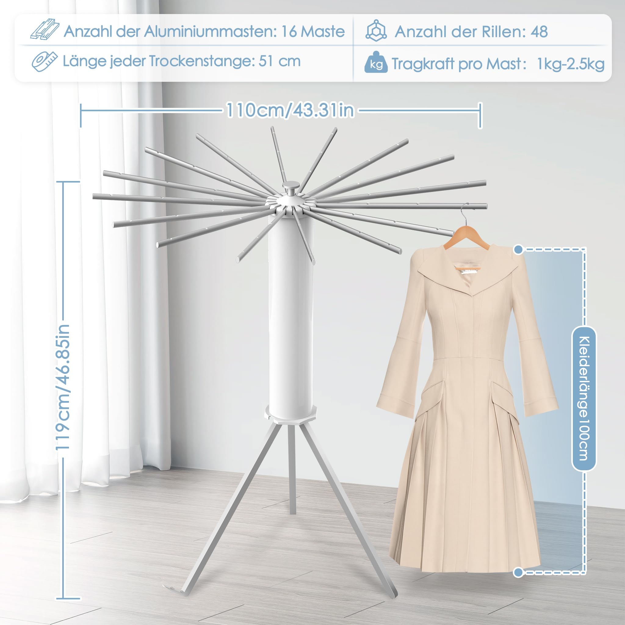 Séchoir à Linge Pliable Aluminium – Grande Capacité 16 Barres, Compact & Portable Intérieur/Extérieur, Blanc
