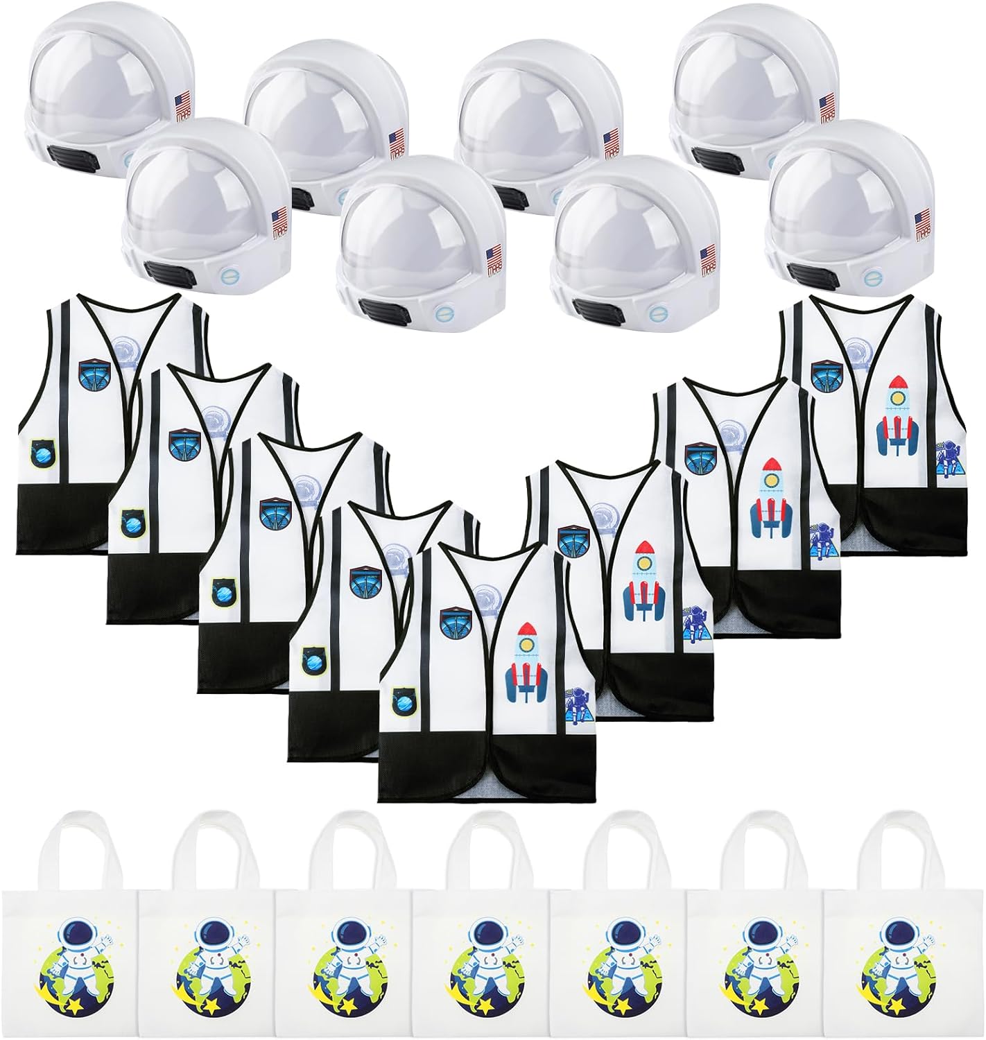 Bonuci Set of 24 Kids Astronaut Cosplay Costume Set Include 8 Astronaut Vests 8 Astronaut Helmets and 8 Non Woven Astronaut Treat Gift Bags for Kids