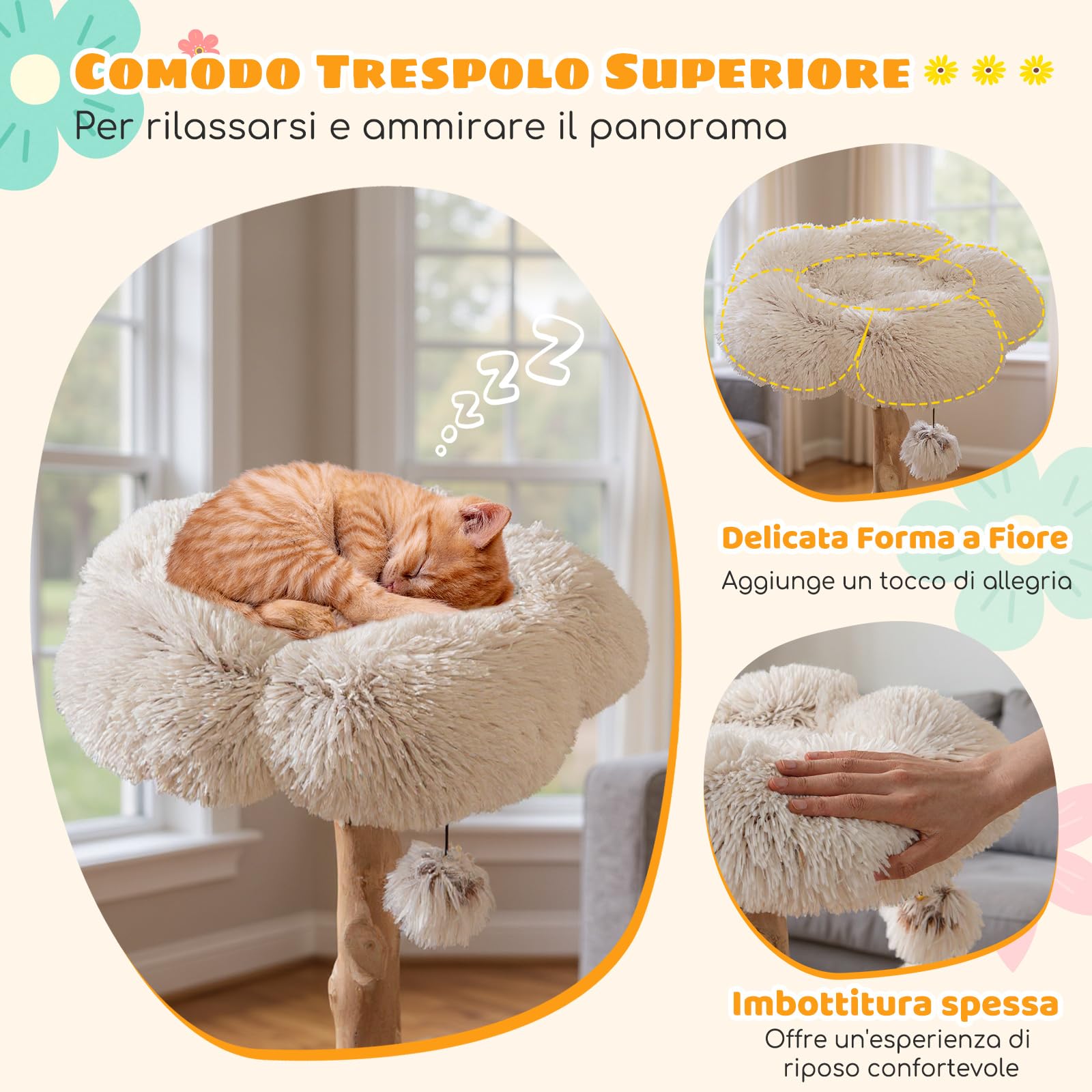 COSTWAY Albero per Gatti, Tiragraffi per Gattini Alta 122 cm con Ramo in Legno con Piattaforma a Fiore, 2 Cesti in Rattan, Pali Tiragraffi in Juta e Pallina Pendente, Mobile per Gatti da Interno