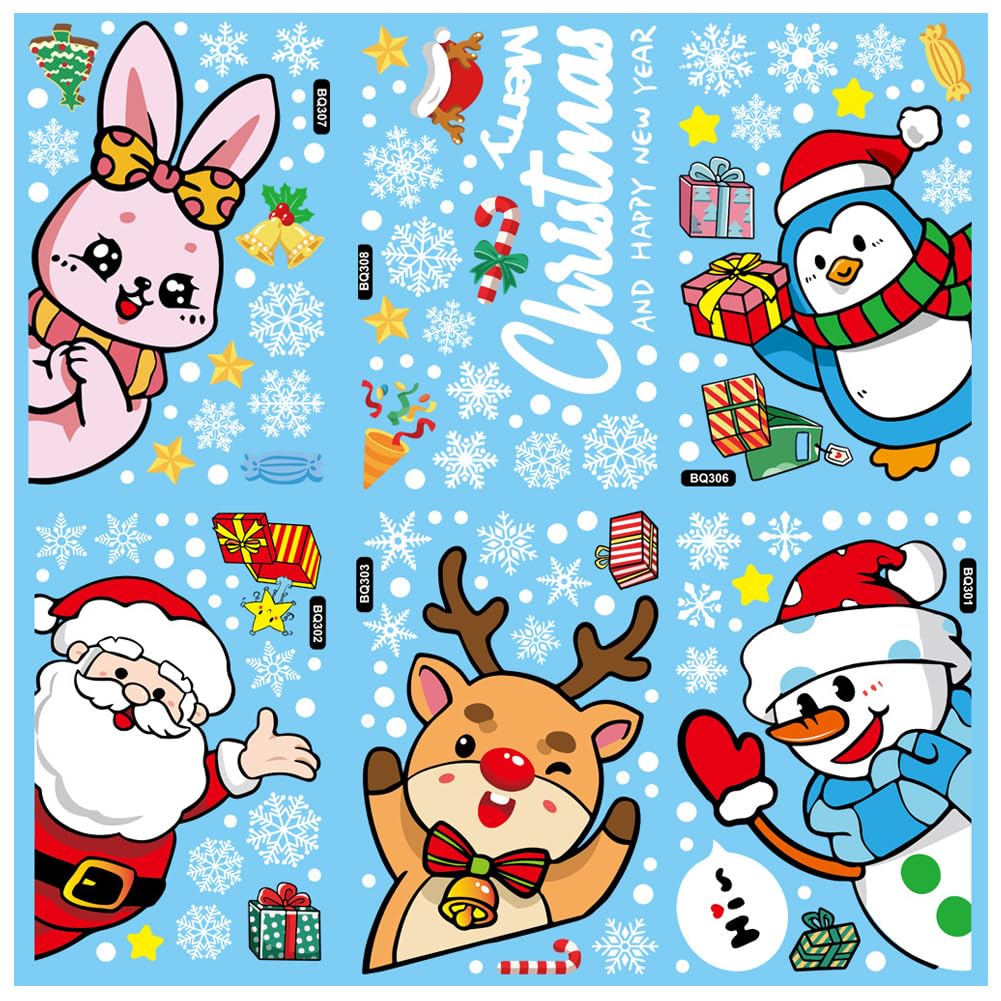 Merrwon Christmas Window Clings,Christmas Window Stickers,Reusable Xmas Window Decals with Santa Claus Reindeer Snowman, Double-Side Xmas Snowflake Window Clings for Winter Party S