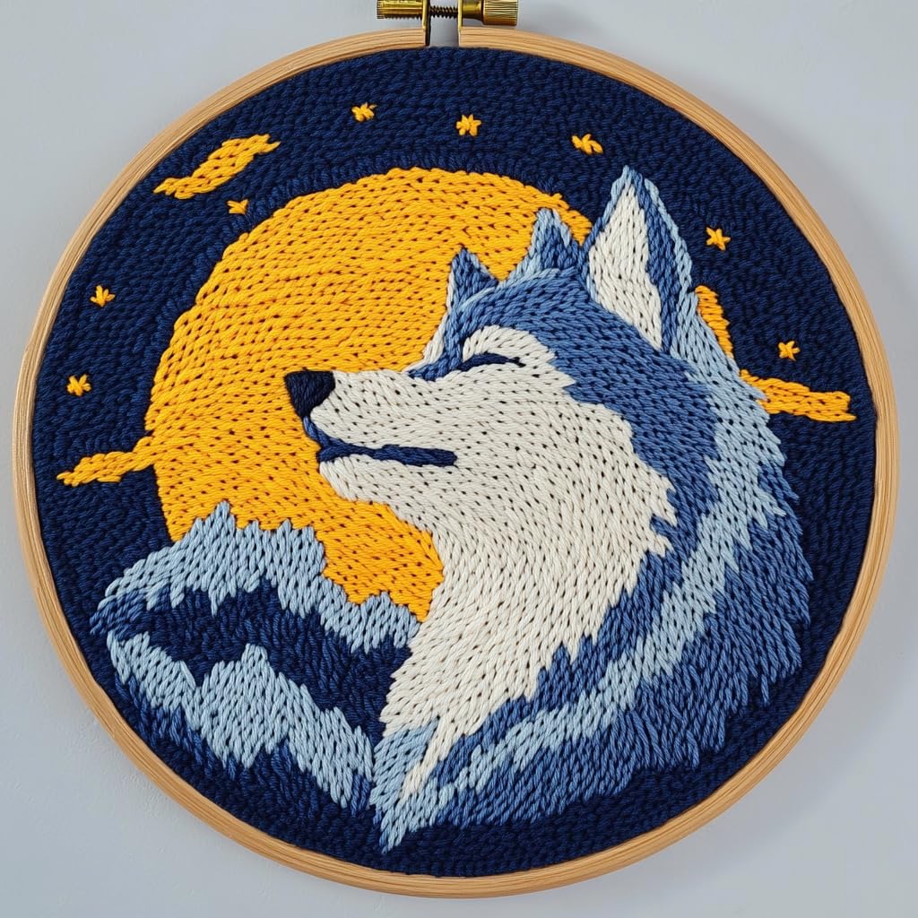 DIY Punch Needle Kits Wolf Under Moon Easy for Beginners Punch Needle Embroidery Set with Hoop Stamped Pattern for Craft Lovers and Home Decor-2