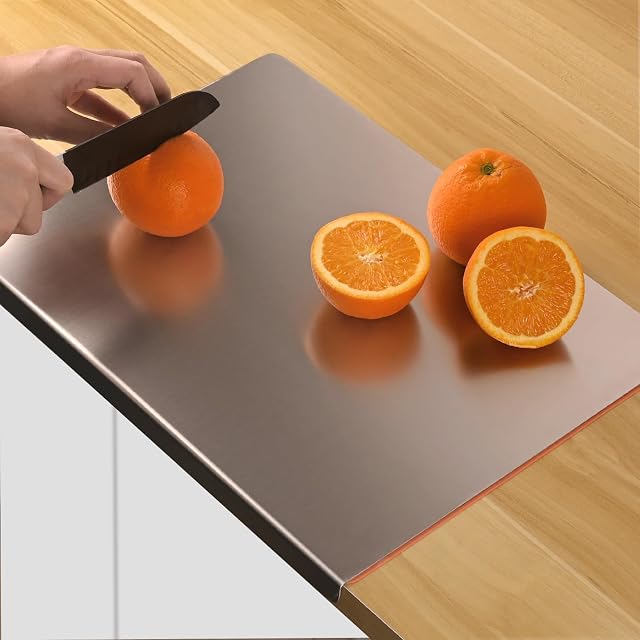 HUAKENER Cutting Board with Counter Lip, Stainless Steel Cutting Boards for Kitchen, Large Cutting Board with Silicone Mat for Meat, Fruits, Vegetables, Bread (15.7 x 11.8 Inch)