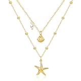 Zeffy Seashell Layered Charm Necklace for Women Dainty 14k Gold Plated Starfish Shell Pearl Pendant Waterproof Necklace Stack Choker Chain Jewelry for Summer Beach Vacation