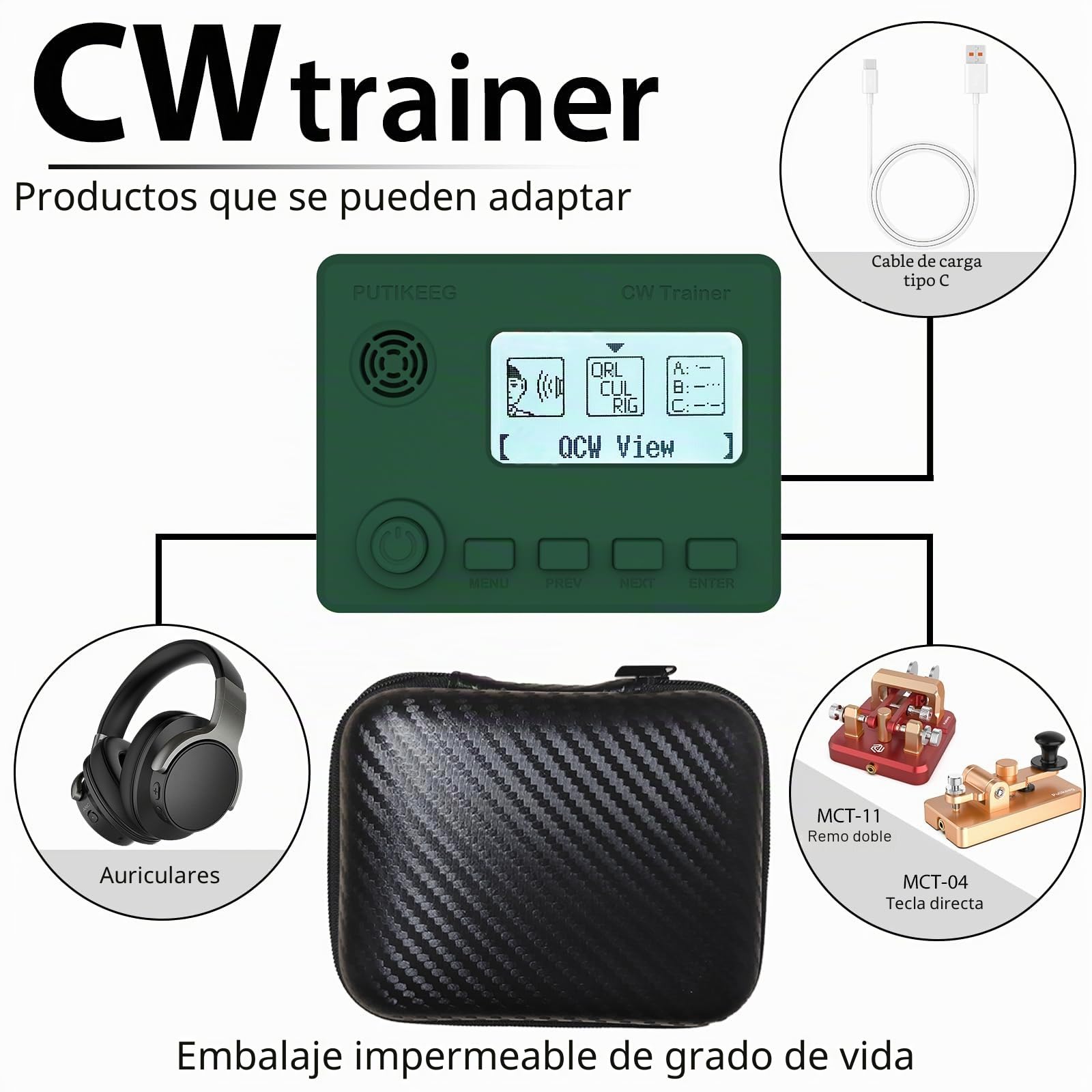 Mini CW Trainer - Entrenador de código morse con pantalla, código Moore-Simo Gales, llave de telégrafo y coche, radio CW para práctica de telégrafo (verde)