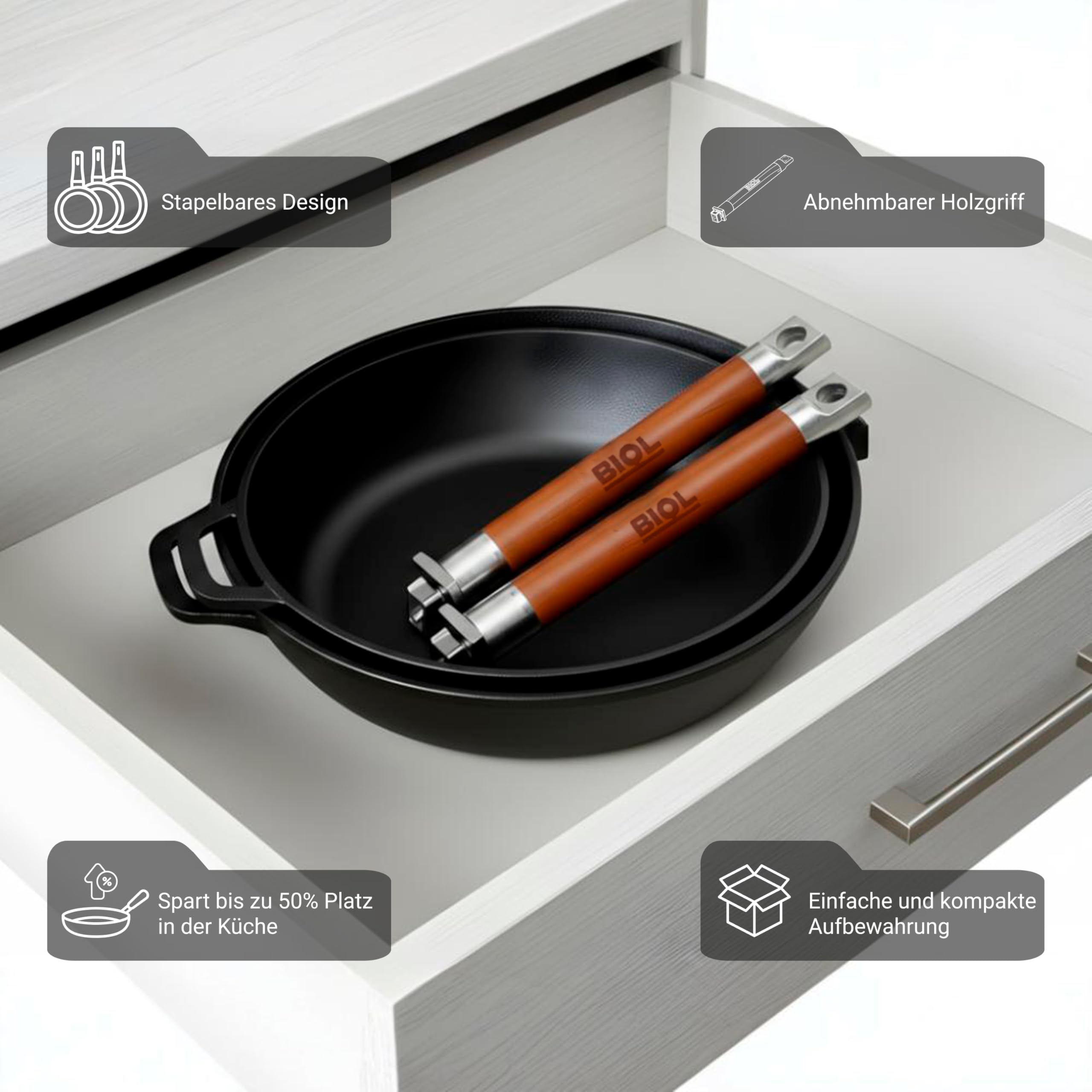 BIOL Sarten Hierro Fundido 28 cm - Sartén Antiadherente para Cocina Inducción, Mango de Madera Desmontable Ergonómico, sin Tapa, Apta para Gas, Vitrocerámica, Horno y Barbacoa, Cocina Saludable | Mango de madera desmontable, sin revestimiento, apto para h