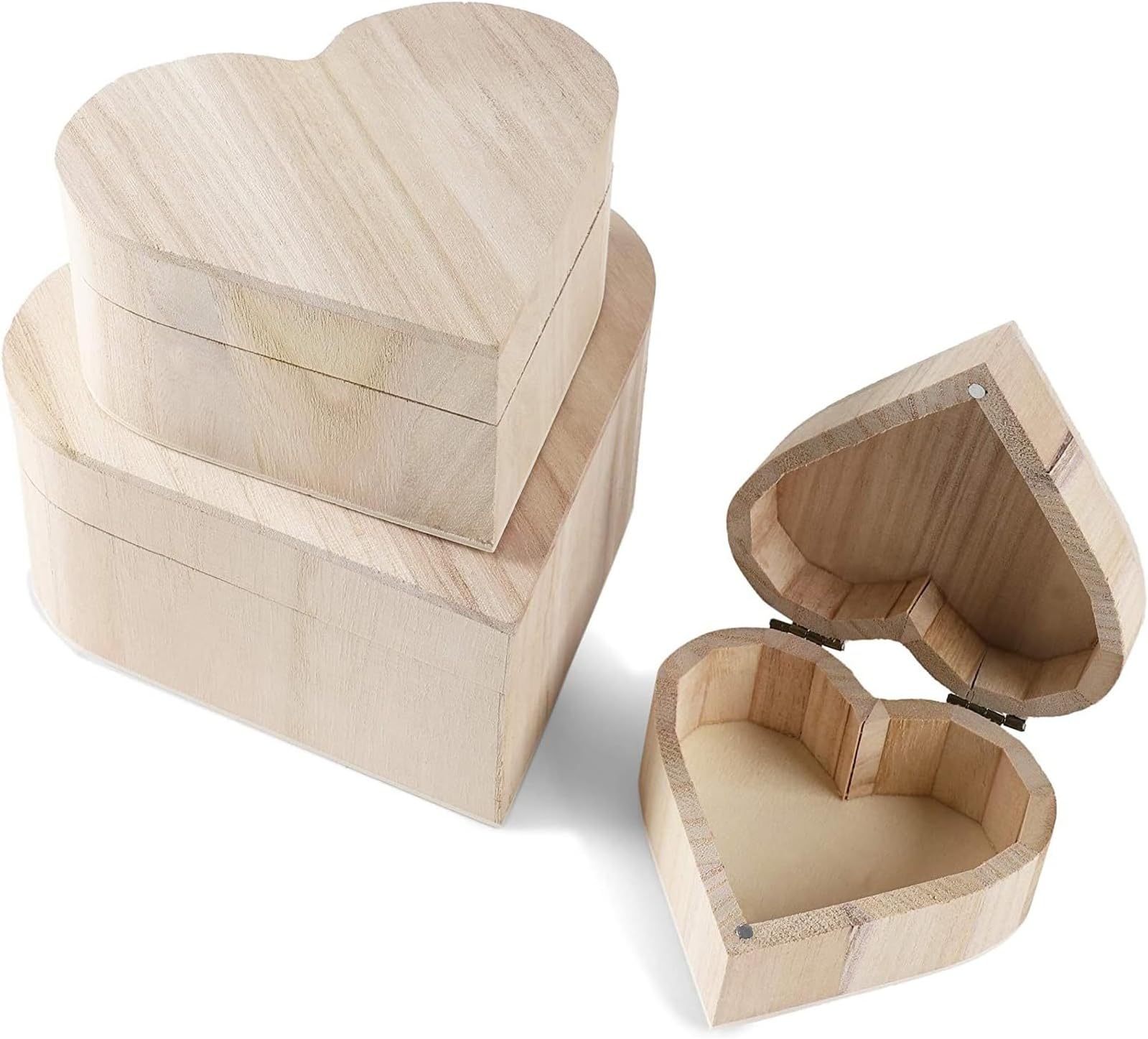 Bright Creations Set of 3 Unfinished Wood Jewelry Box for Painting, Wooden Heart Shaped Box Organizer with Magnetic Hinged Lid for DIY Projects, Gifts, Wood Crafts for Valentine’s Day