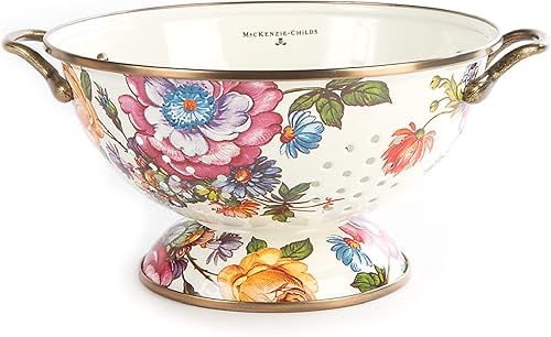 MACKENZIE-CHILDS Colador de esmalte, colador decorativo de cocina, grande, mercado de flores blancas