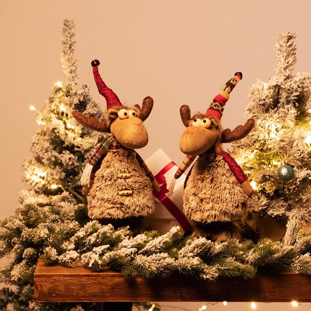 GMOEGEFT Handmade Christmas Reindeer Rudolph Plush, Moose Stuffed Animal Standing Figurines with 2 Legs, Holiday Decorations Gifts - Pack of 2 (Brown Stand)