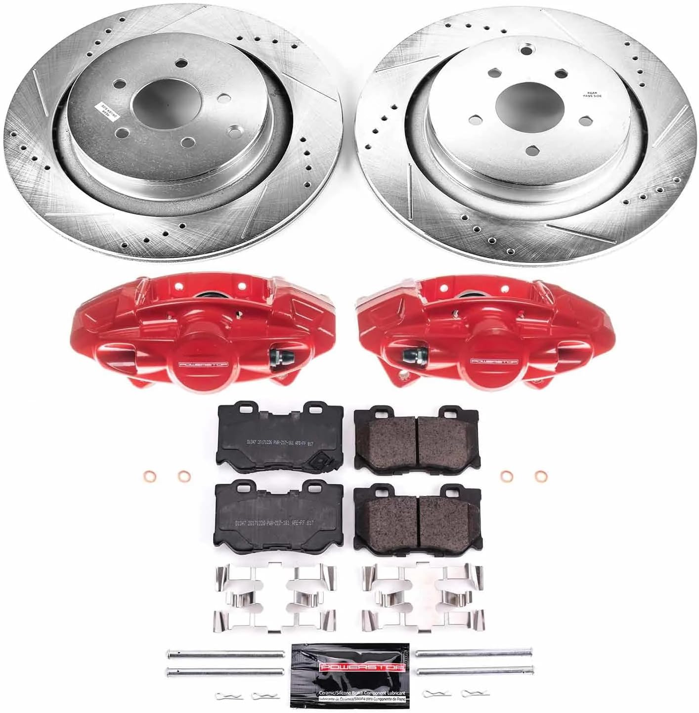 PowerStop Front and Rear Brake & Caliper Kit for Ford Mustang 2011-14 - Drilled & Slotted Disc Rotors + Carbon-Fiber Ceramic Brake Pads + Red-Powder Coated Calipers, KC5943-26