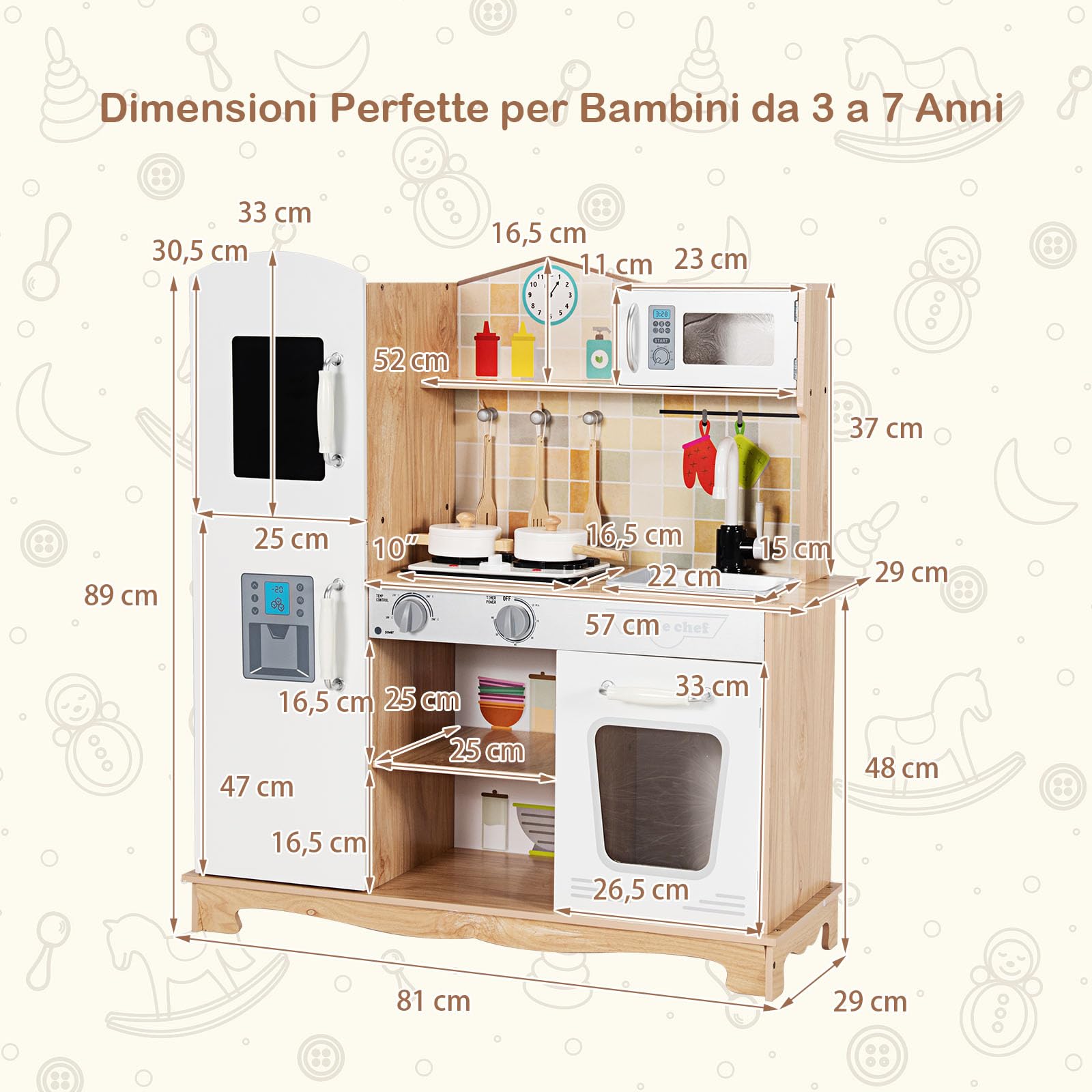 GYMAX Cucina Giocattolo per Bambini, Mini Cucina in Legno con Armadietti e Accessori, Suoni e Luci Realistici, Migliorare la Capacità Pratica, Adatto a Bambini di 3-7 anni (Naturale)