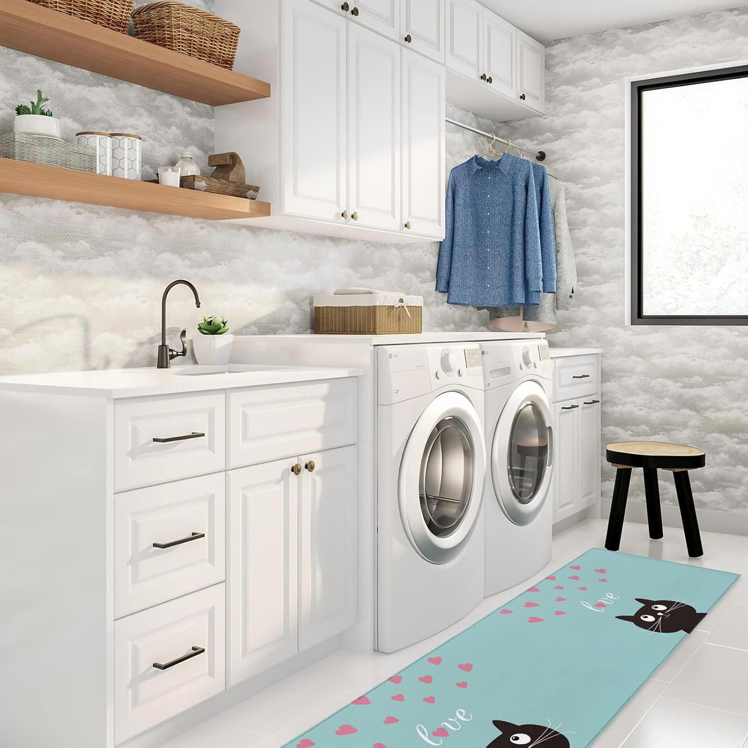 キッチンマット 台所マット 玄関マット フランネル 北欧 おしゃれ バレンタイン　黒い猫　ラブハット 防汚 滑り止め ズレにくい 洗